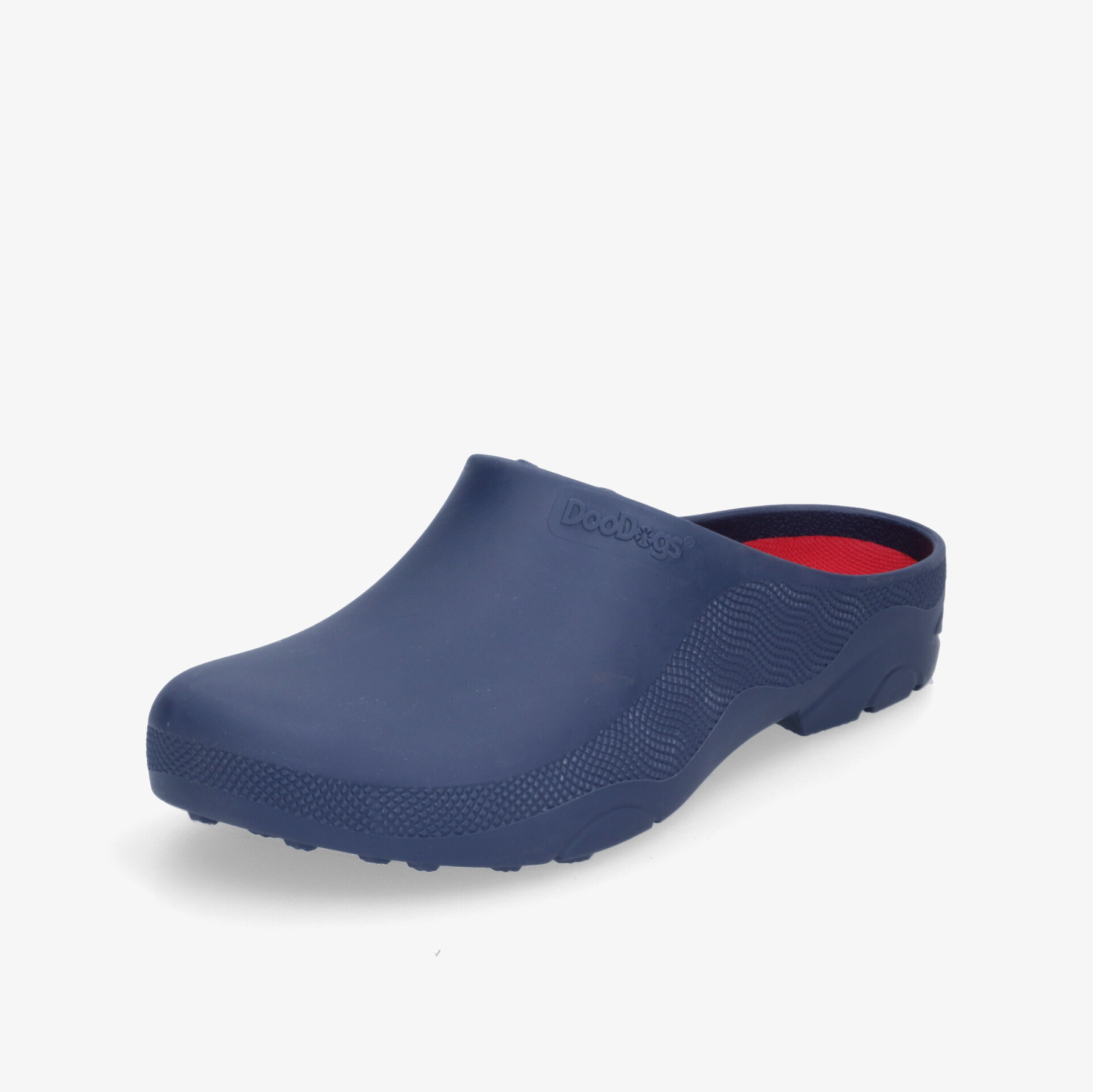 Blauer Clog aus robustem Material mit ergonomischem Design und rotem Innenfutter, ideal für vielfältige Einsätze.