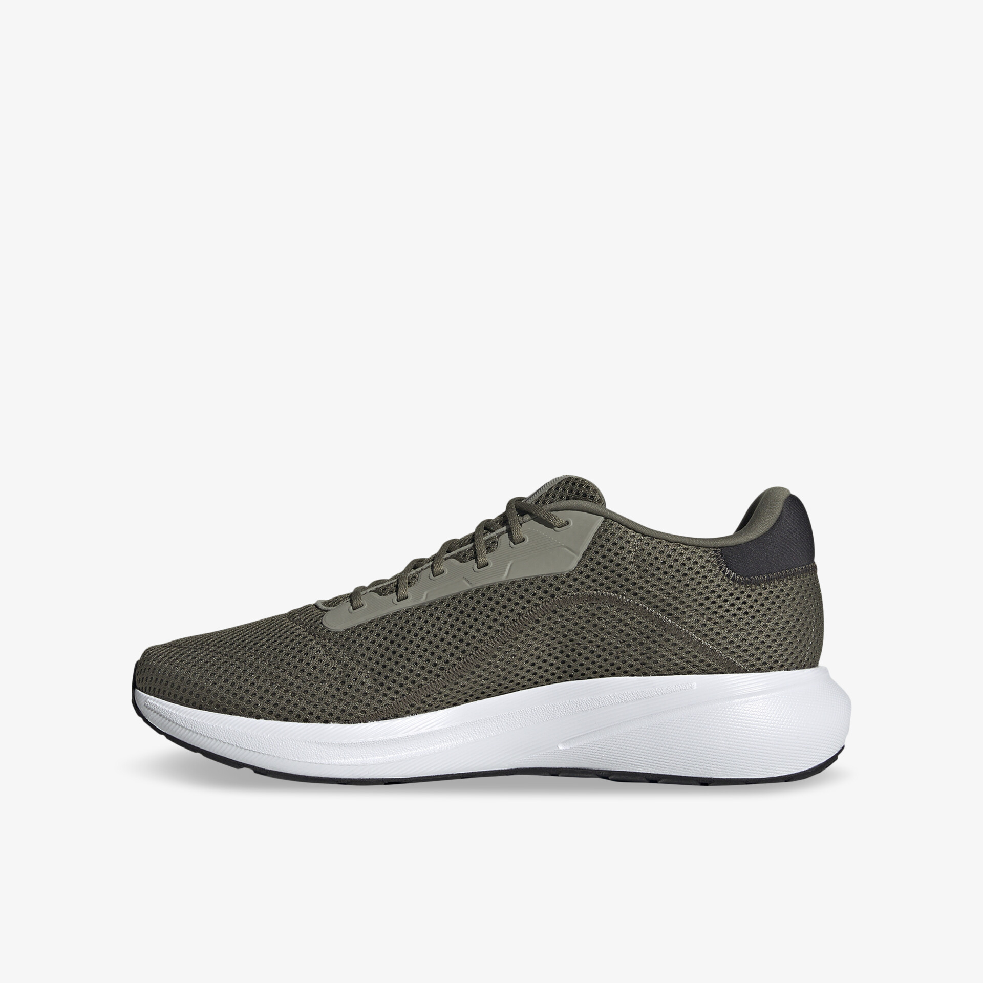 Sportlicher grauer Laufschuh mit atmungsaktivem Material und rutschfester, stoßdämpfender Sohle in seitlicher Ansicht