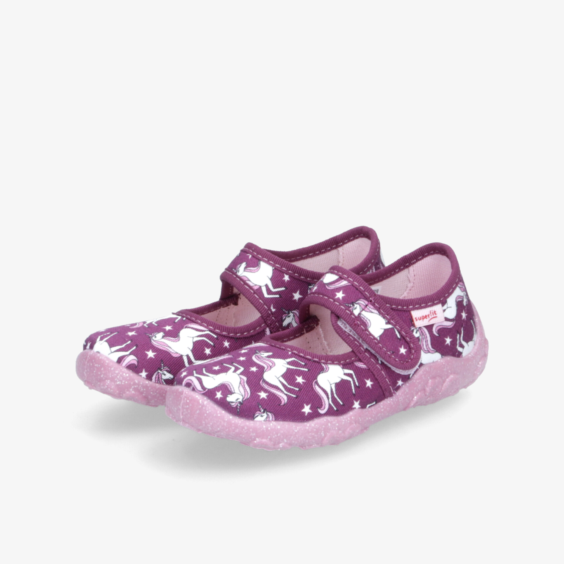 Bequeme lila Hausschuhe mit Einhornmuster, Klettverschluss und rutschfester Sohle für sicheren Halt