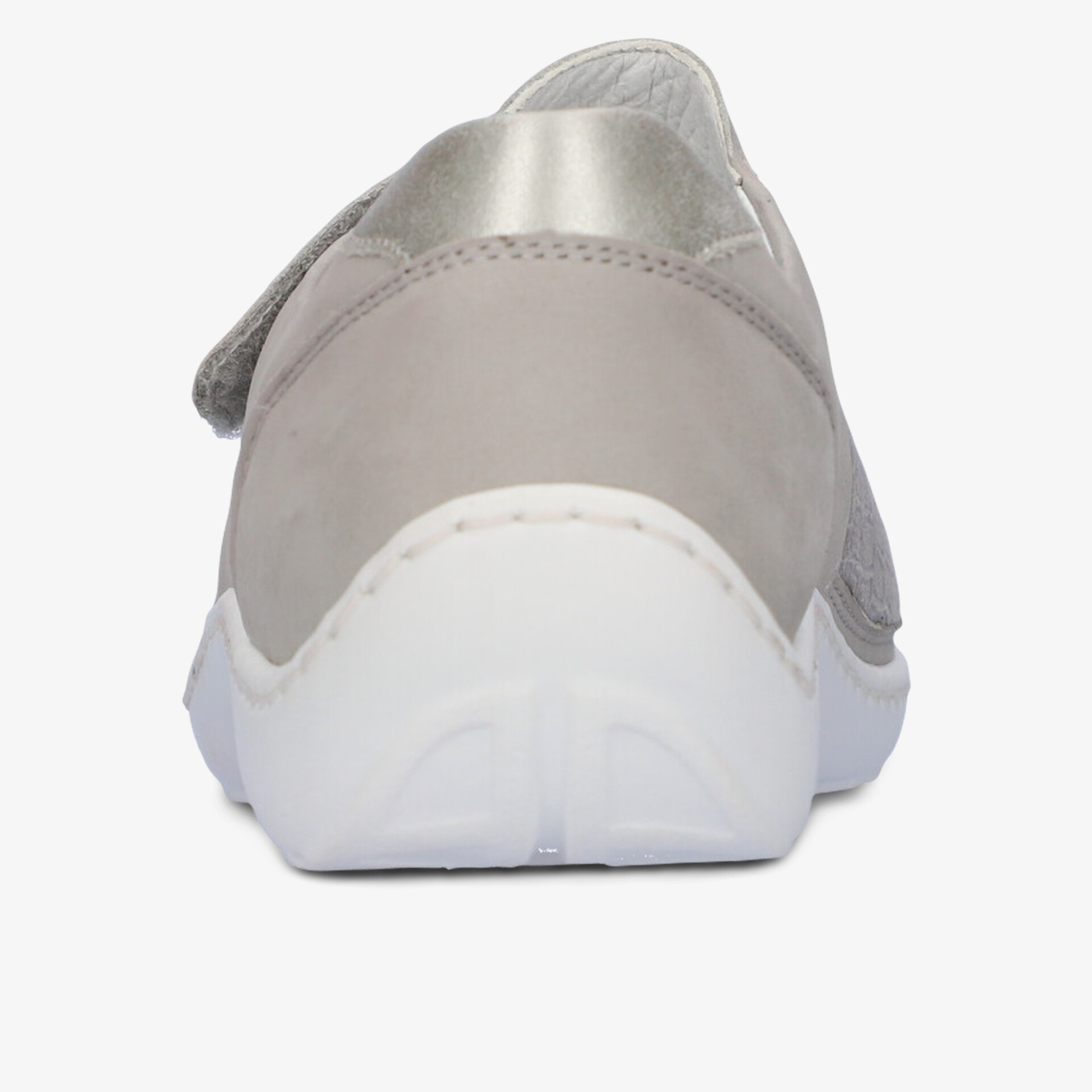 Moderner, leichter Schuh mit flexiblem Obermaterial und rutschfester weißer Sohle, Rückansicht