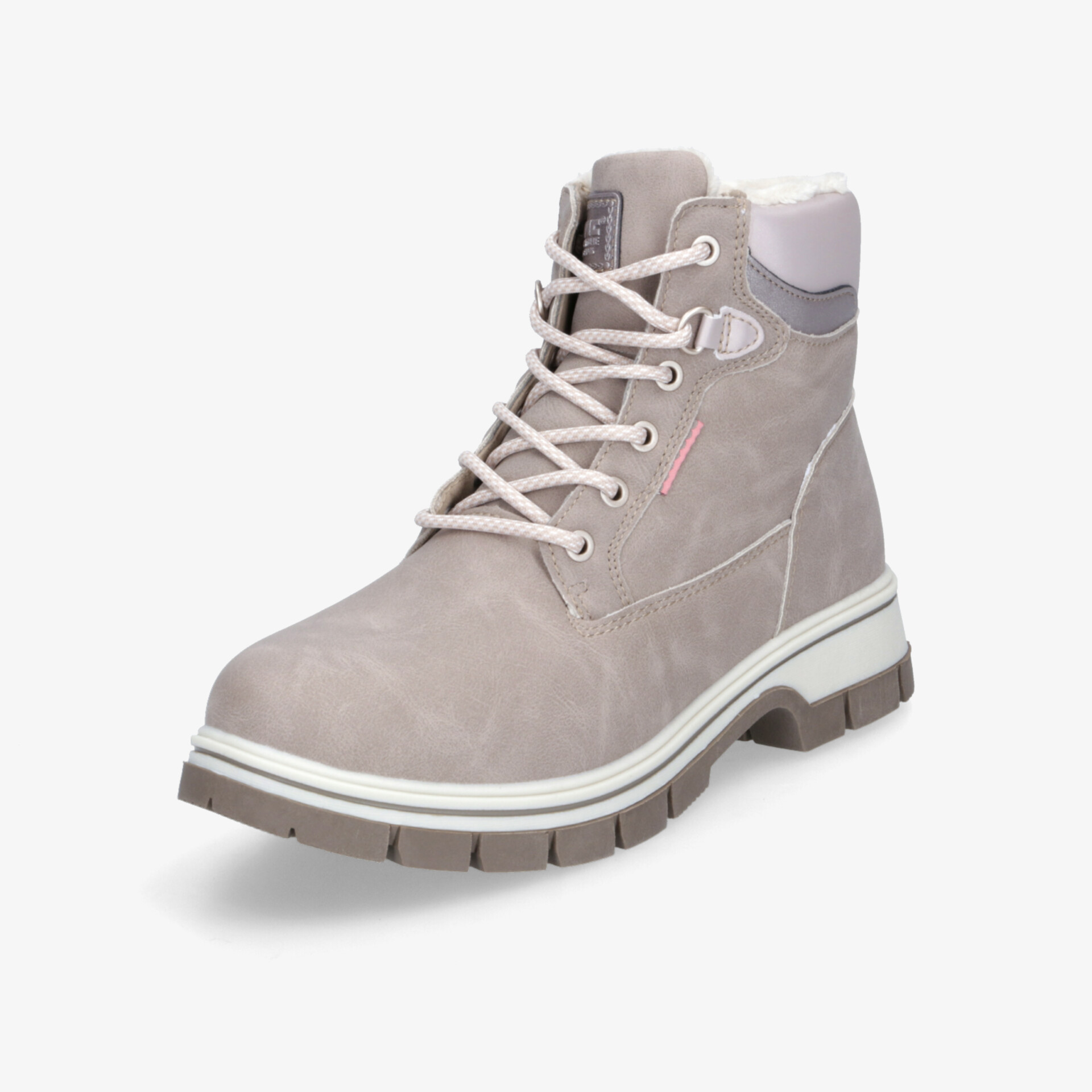 Schräg vorne aufgenommener grauer Winterstiefel mit robuster Sohle und warmem, gepolstertem Innenfutter