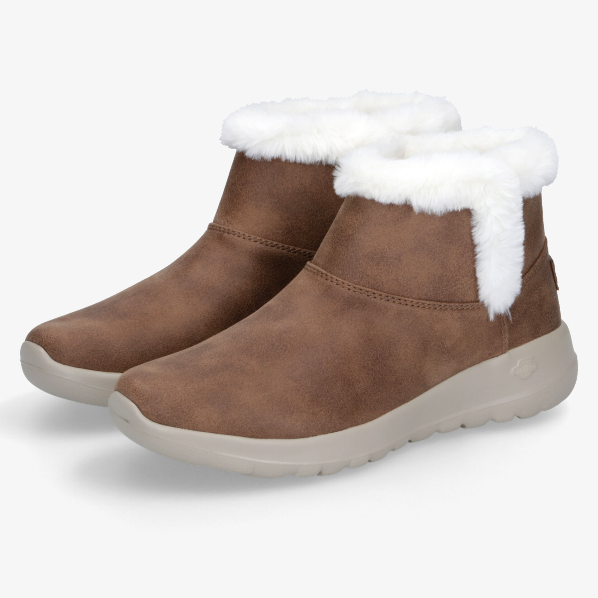 Warme braune Winterstiefel mit kuscheligem weißen Fellbesatz und rutschfester, bequemer Sohle