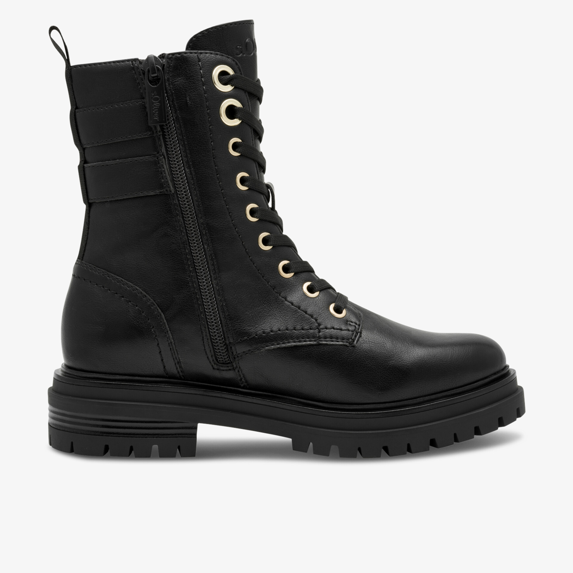 Schwarzer schnürstiefel mit robustem profilsohle und seitlichem reißverschluss für komfort und stil