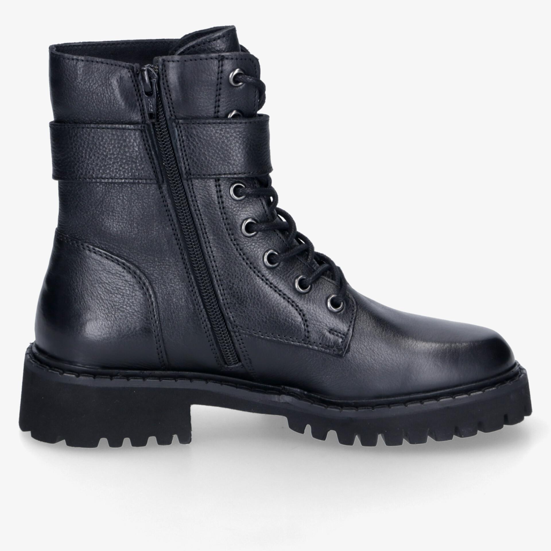 Robuster schwarzer Lederstiefel mit Reißverschluss und Schnürung, ideal für stabilen und stilvollen Auftritt.