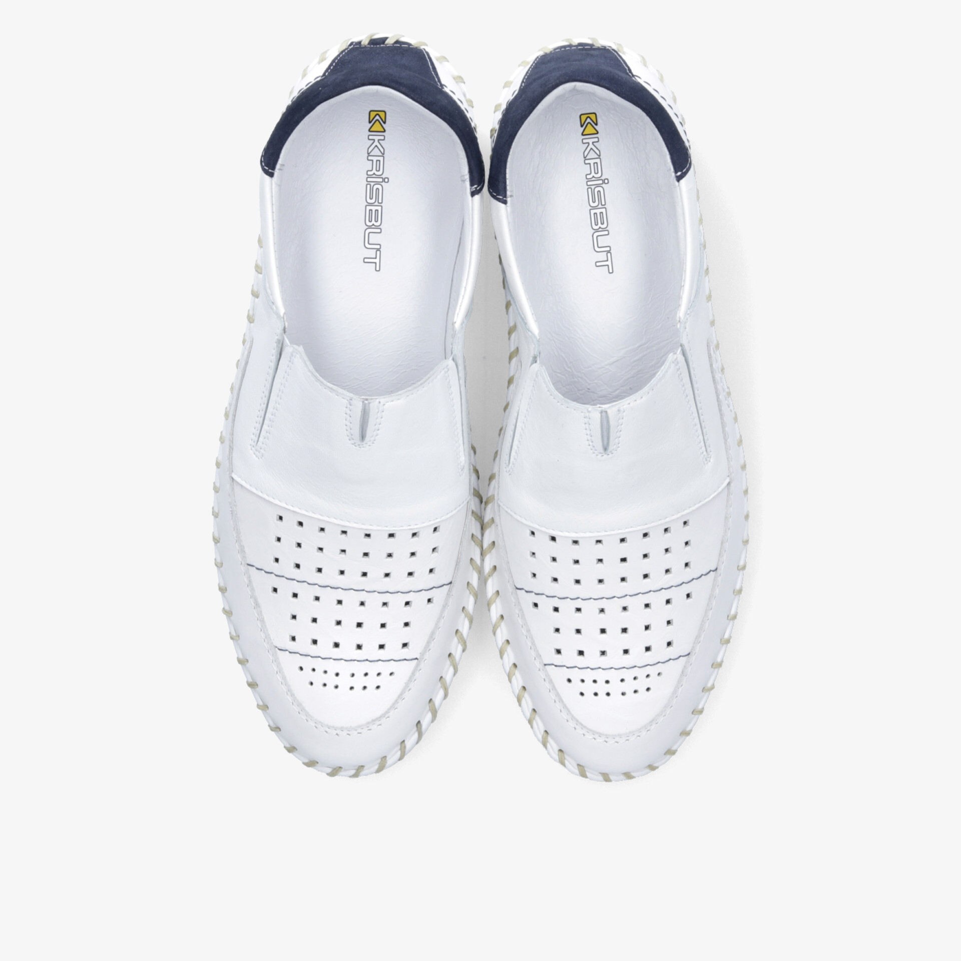 Weißes Paar Slipper aus atmungsaktivem Lochleder, leicht und bequem mit sportlicher, rutschfester Sohle