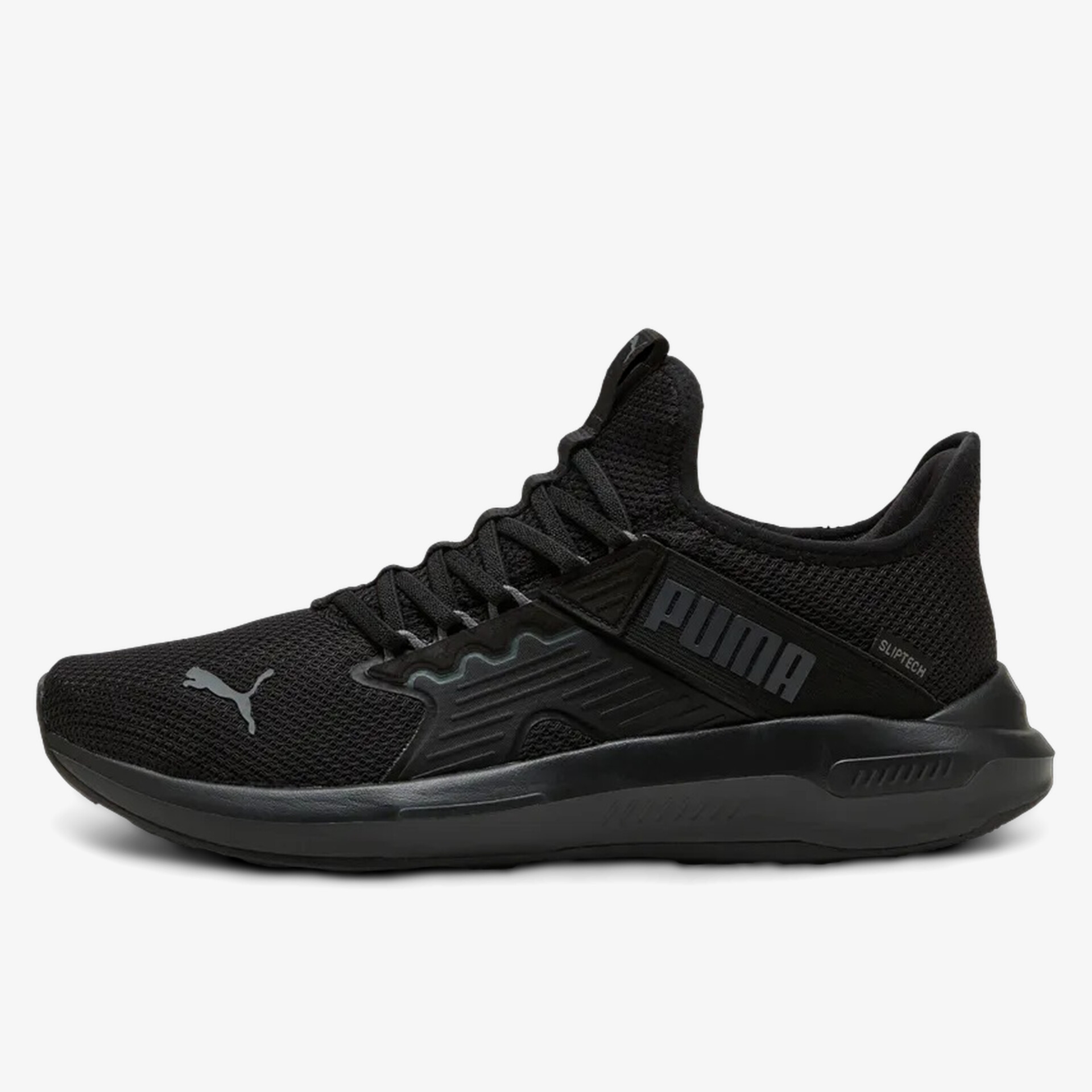 Leichter schwarzer Puma Laufschuh mit atmungsaktivem Material und komfortabler Passform, seitliche Ansicht