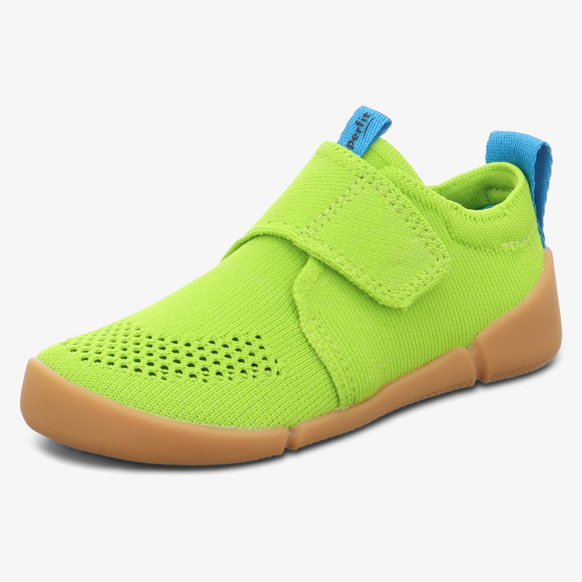 Leichter grünfarbener Schuh mit atmungsaktivem Material und flexiblem Sohlenprofil, Klettverschluss für einfachen Halt