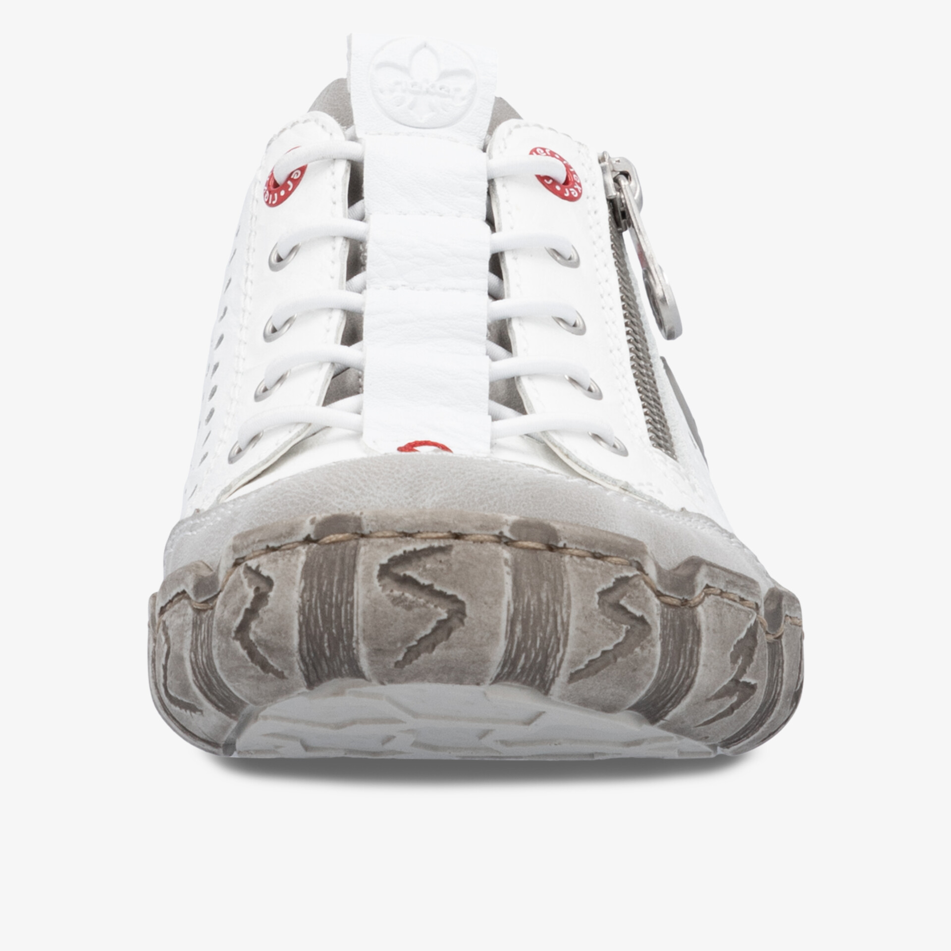 Robuster weißer Schuh mit Reißverschluss, bequeme Passform und strapazierfähiger Sohle frontal sichtbar