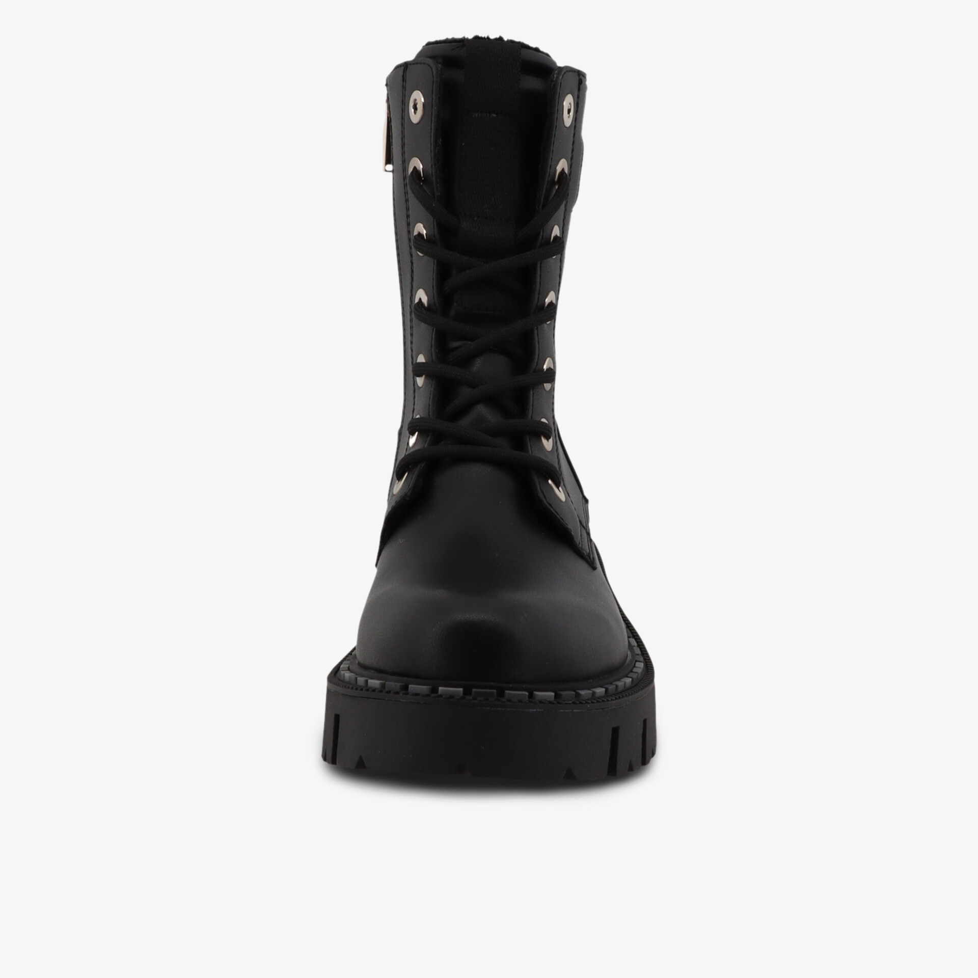 Robuster schwarzer Schnürstiefel mit dicker Sohle und griffigem Profil, langlebig und bequem für Alltag