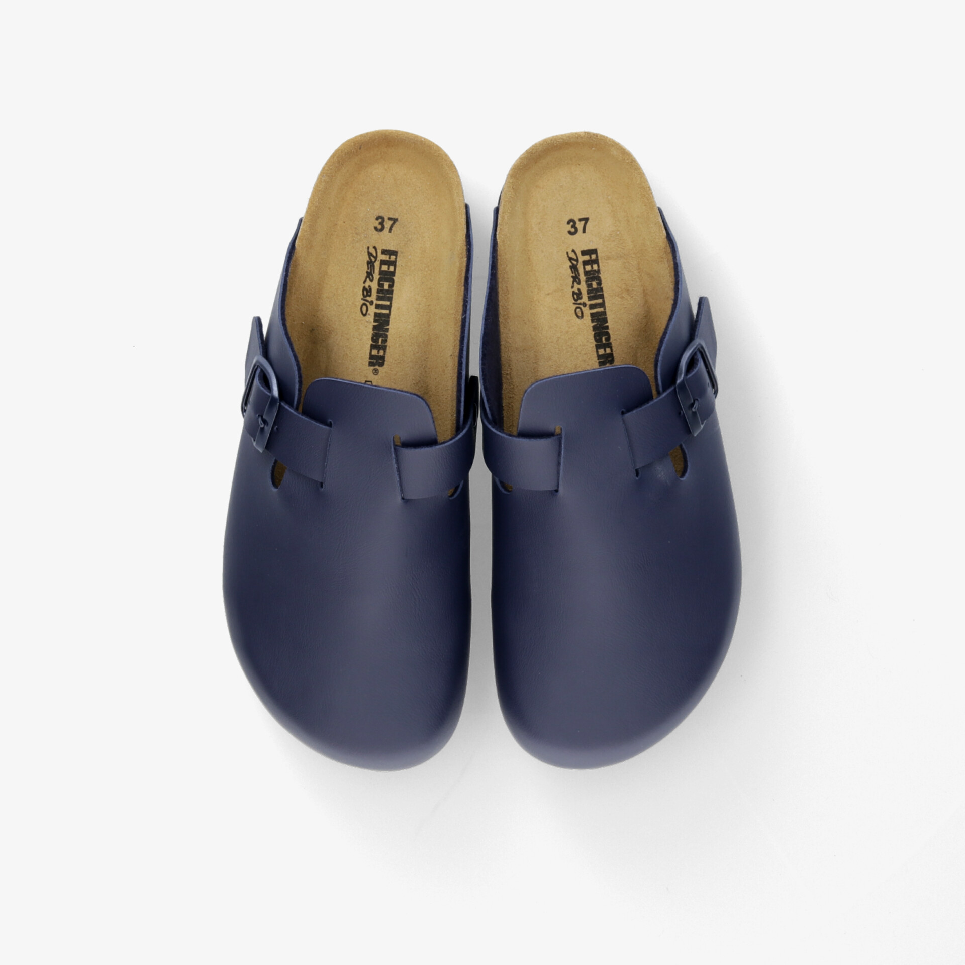 Komfortable dunkelblaue Clogs mit rutschfester Sohle und ergonomischem Fußbett für optimalen Tragekomfort.