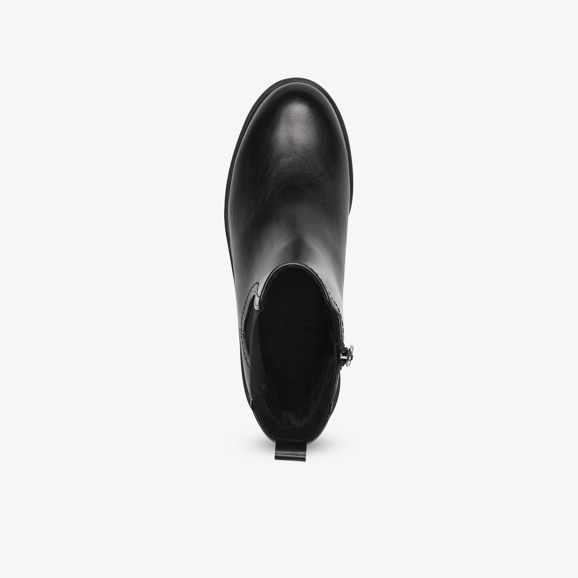 Schwarzer Lederstiefel in Draufsicht, elegant und robust mit komfortablem Design