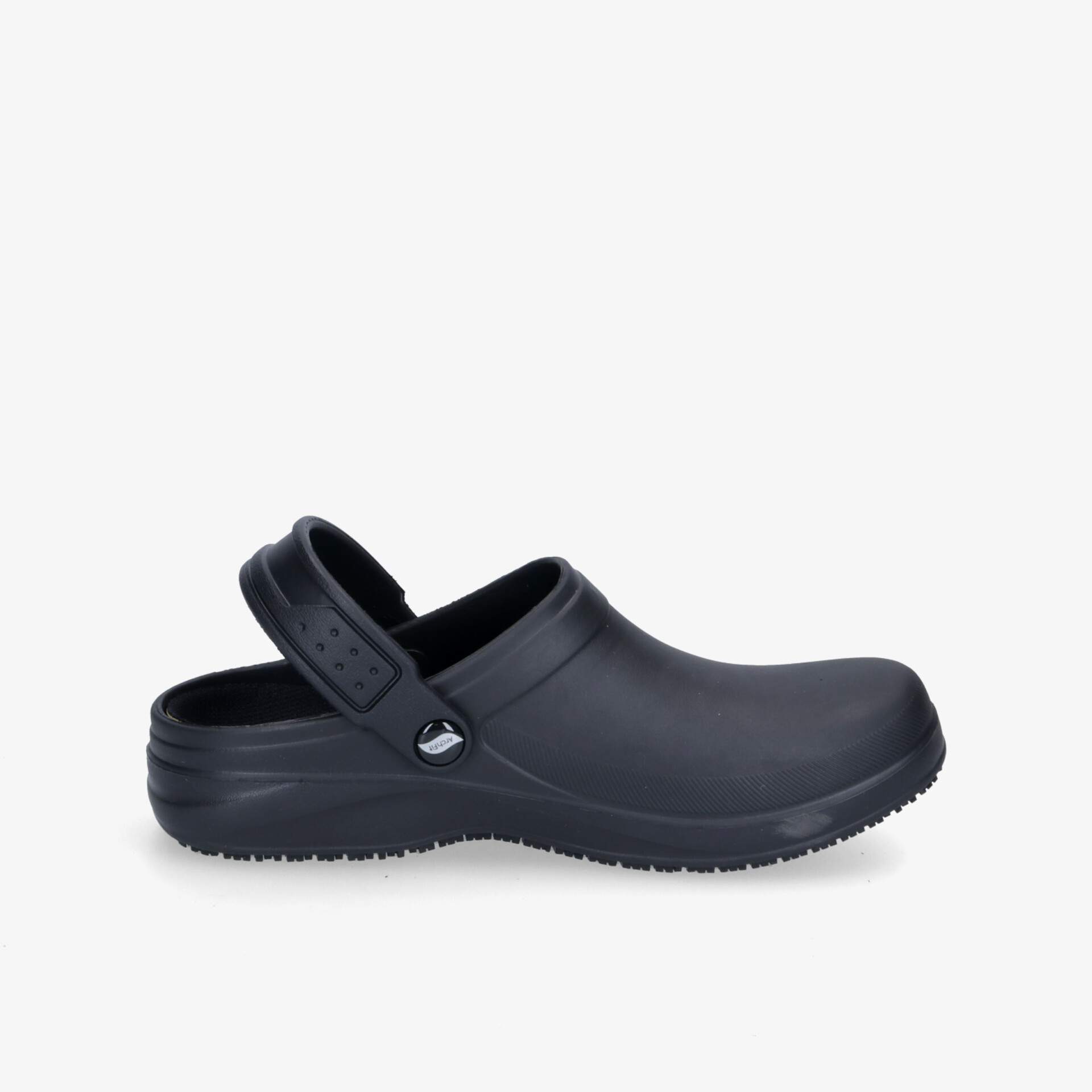 Bequemer schwarzer Clog mit rutschfester Sohle und ergonomischem Design für vielseitigen Einsatz.
