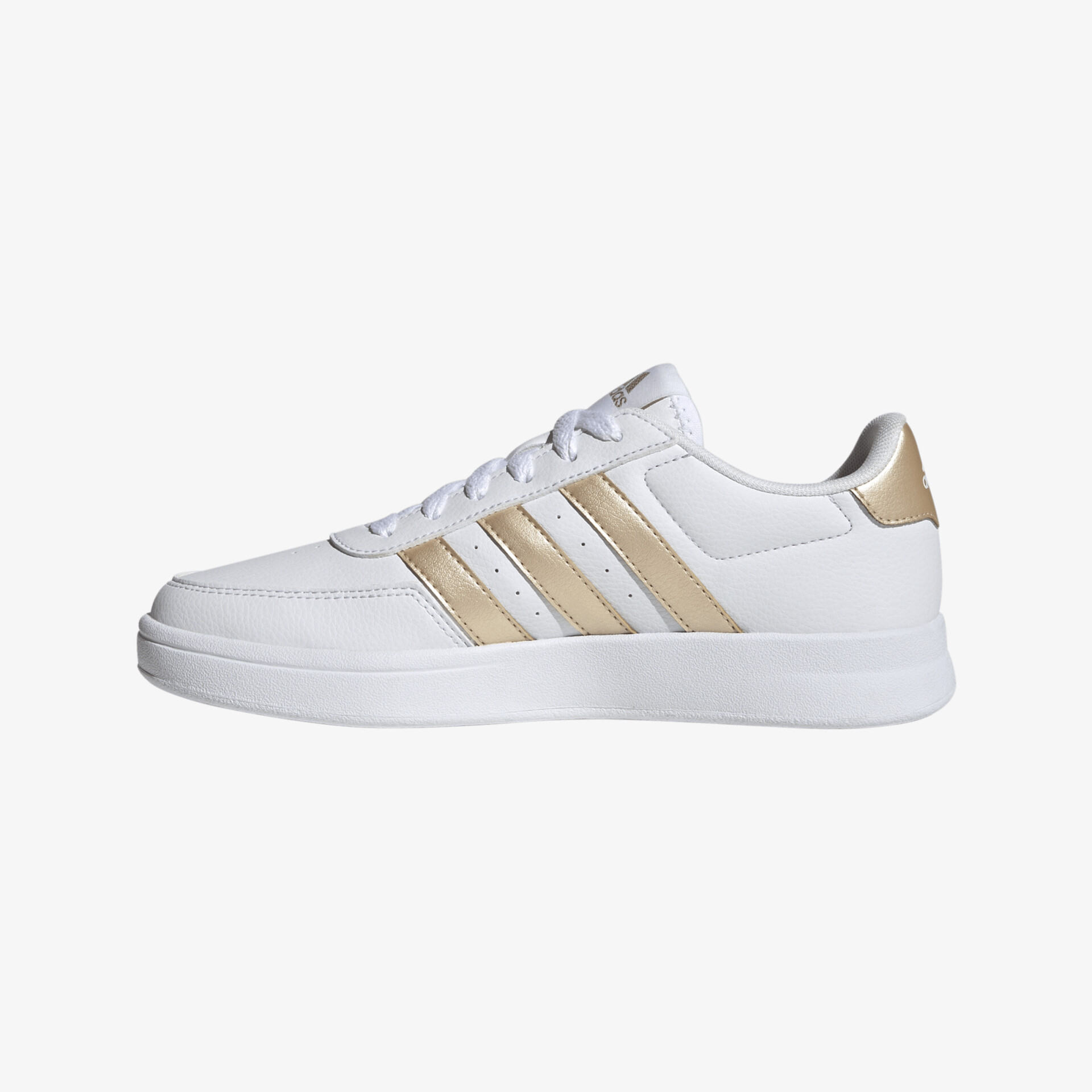 Eleganter weißer Sneaker mit goldenen Akzenten und stilvoller Linienführung. Perfekt für sportliche Eleganz.