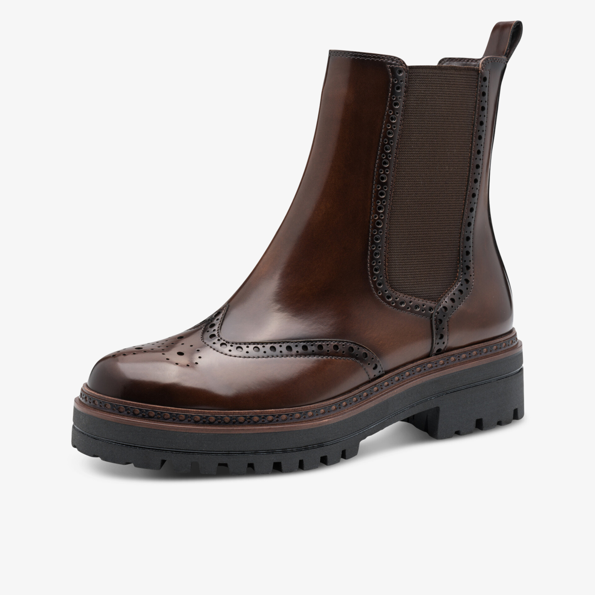 Eleganter brauner Chelsea-Stiefel aus Leder mit dekorativem Brogue-Muster und robust profilierter Sohle