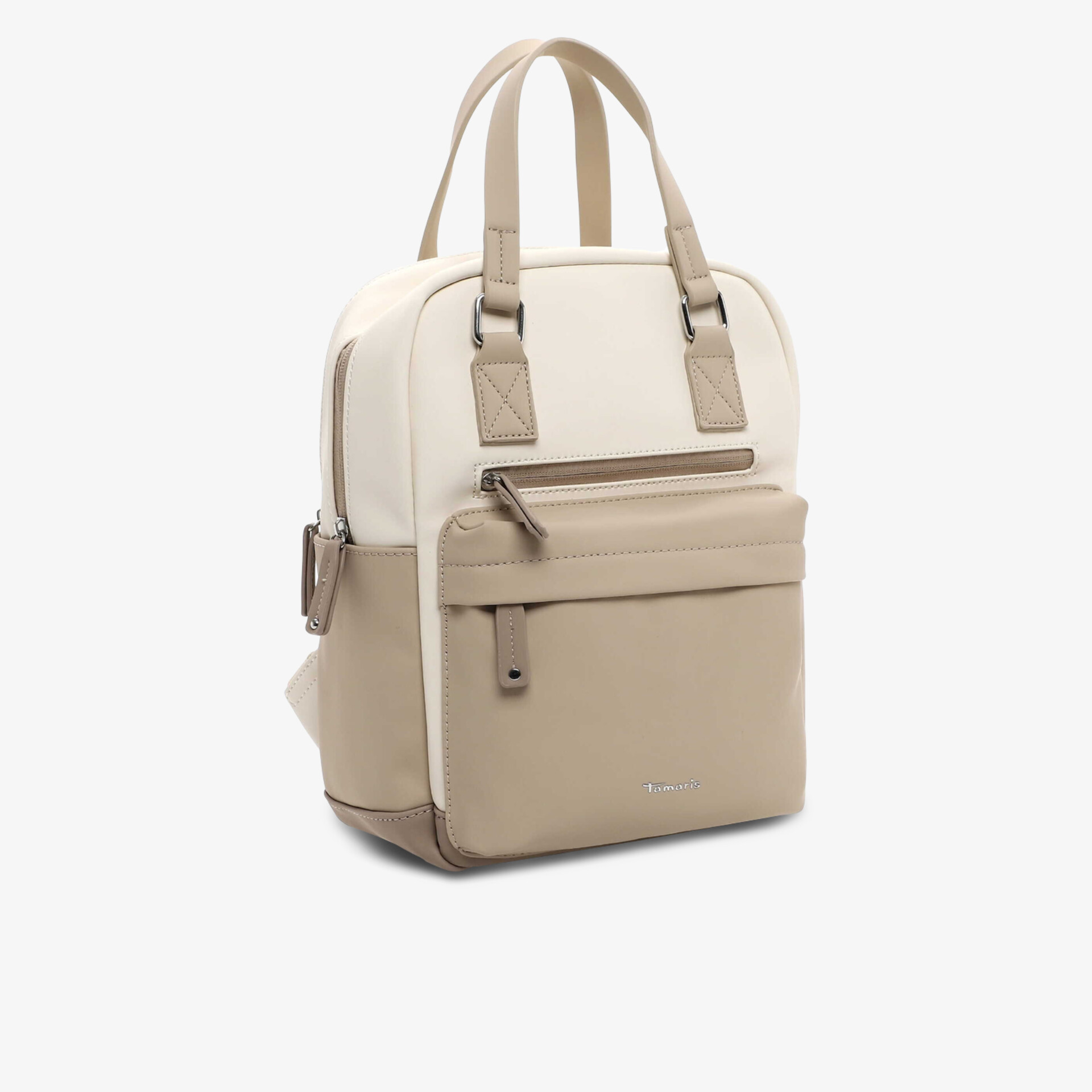 Moderner eleganter Rucksack mit praktischem Frontfach in Beige und Weiß, ideal für Alltag und Büro