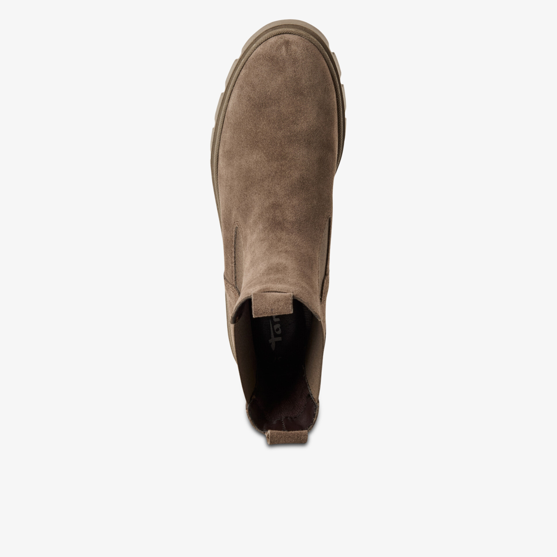 Brauner Chelsea Boot aus rauem Leder mit elastischem Einsatz und runder Zehenpartie, robust und bequem