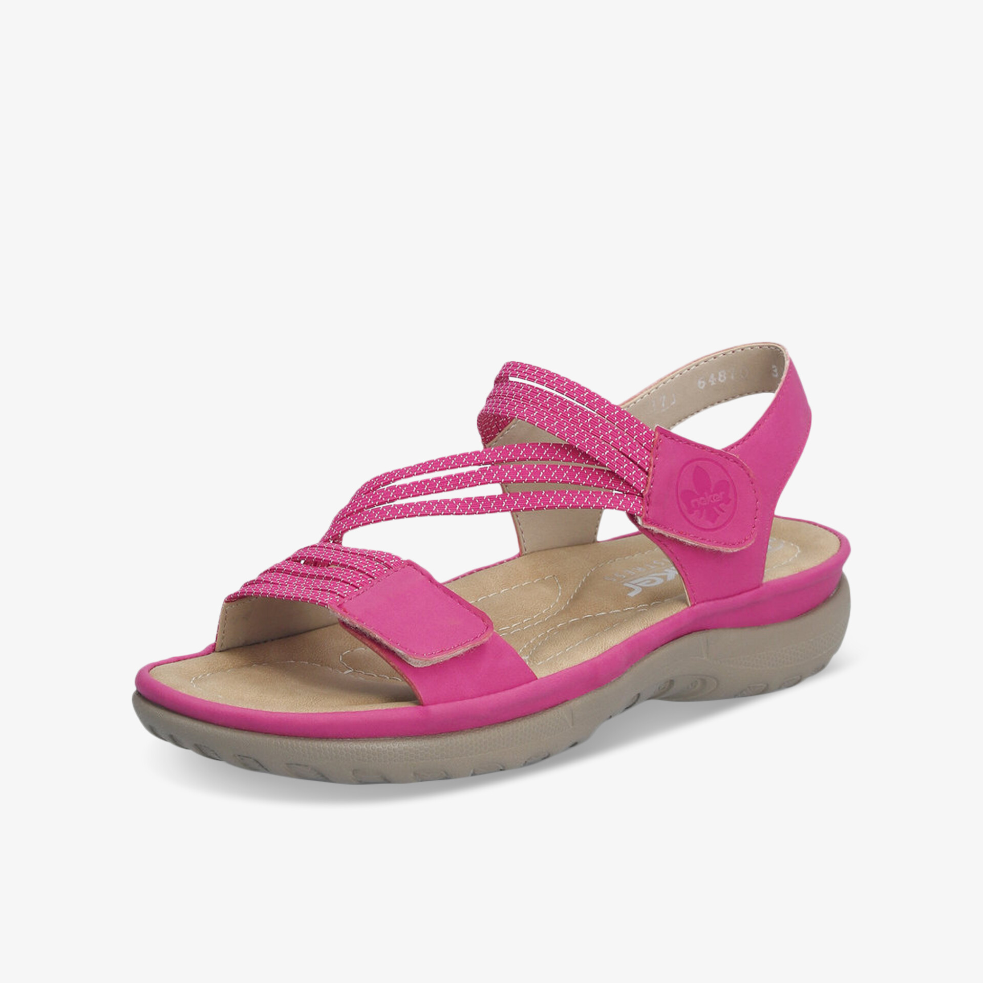 Seitliche Ansicht einer pinkfarbenen, bequemen Sandale mit gepolsterter Sohle und verstellbaren Klettverschlüssen