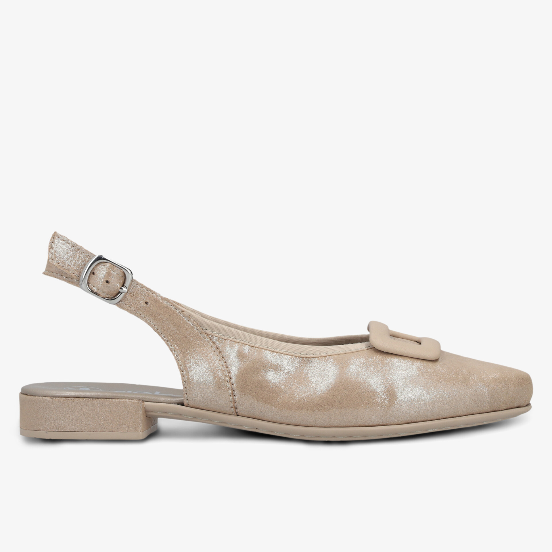 Eleganter bequemer Schuh mit flachem Absatz und modischer Schnalle, klare seitliche Ansicht