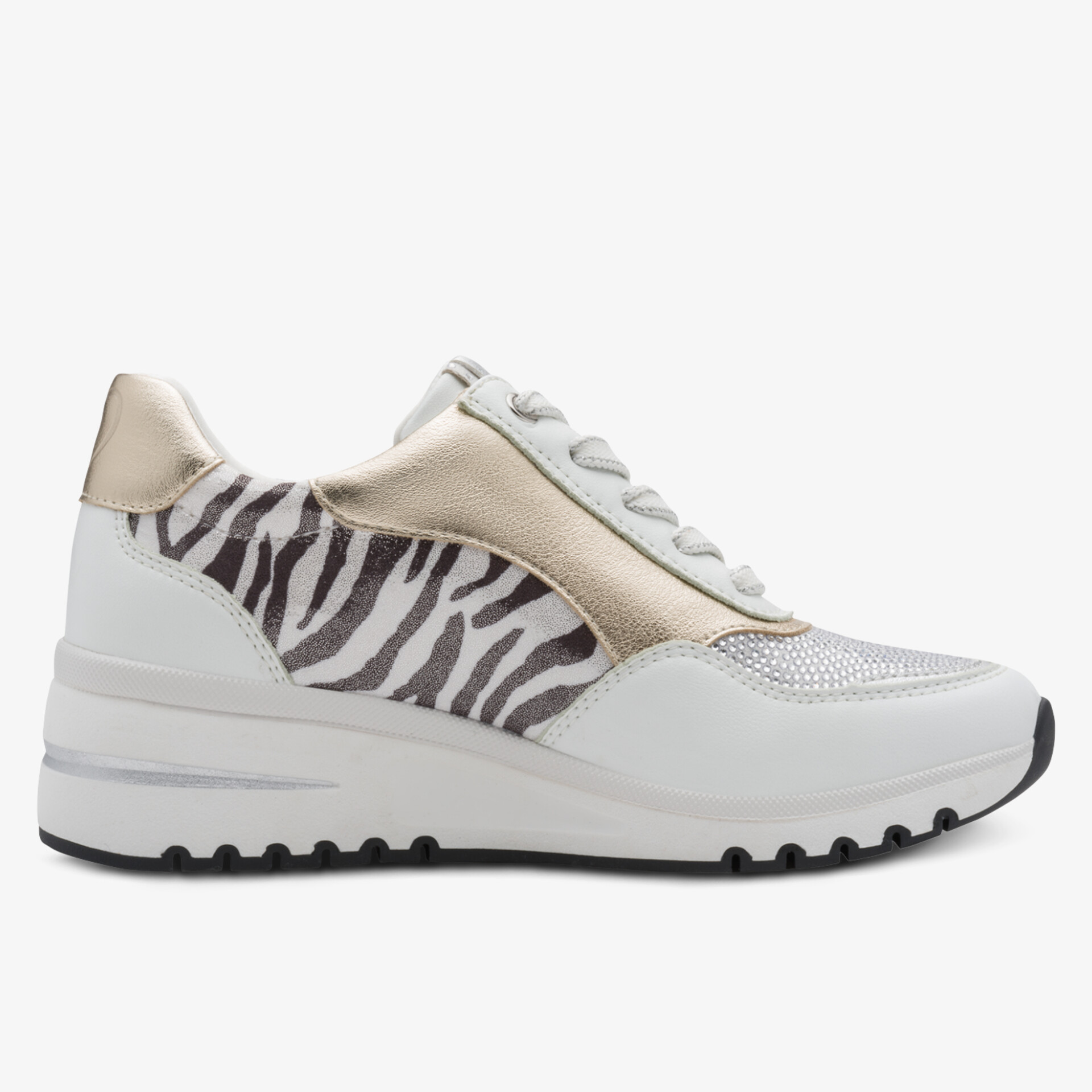 Moderner Sneaker mit Zebra-Print, metallic Akzenten und bequemer Laufsohle für optimalen Tragekomfort