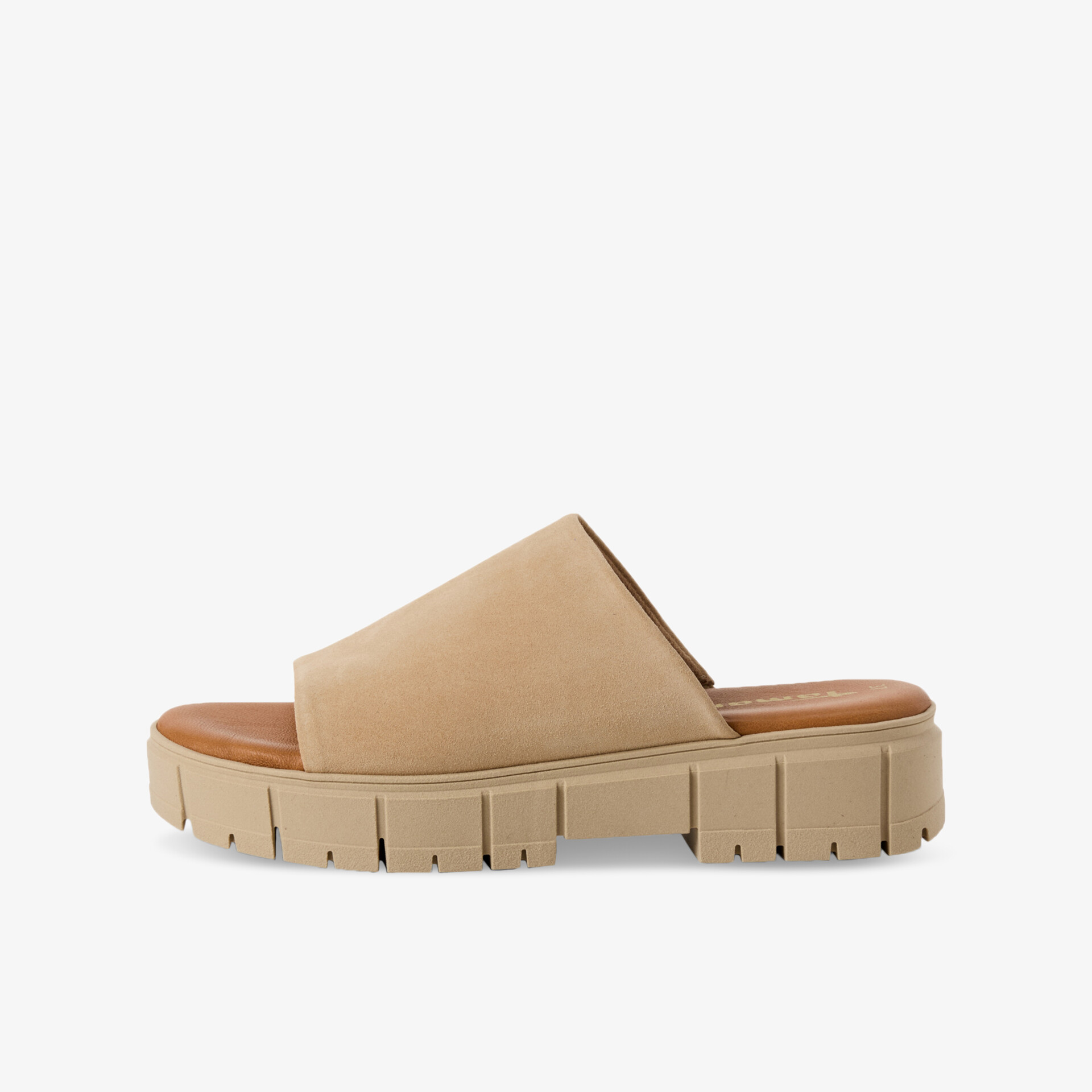 Beige Sandale mit breitem Riemen und dicker profilierter Sohle, bequem und modern gestaltet