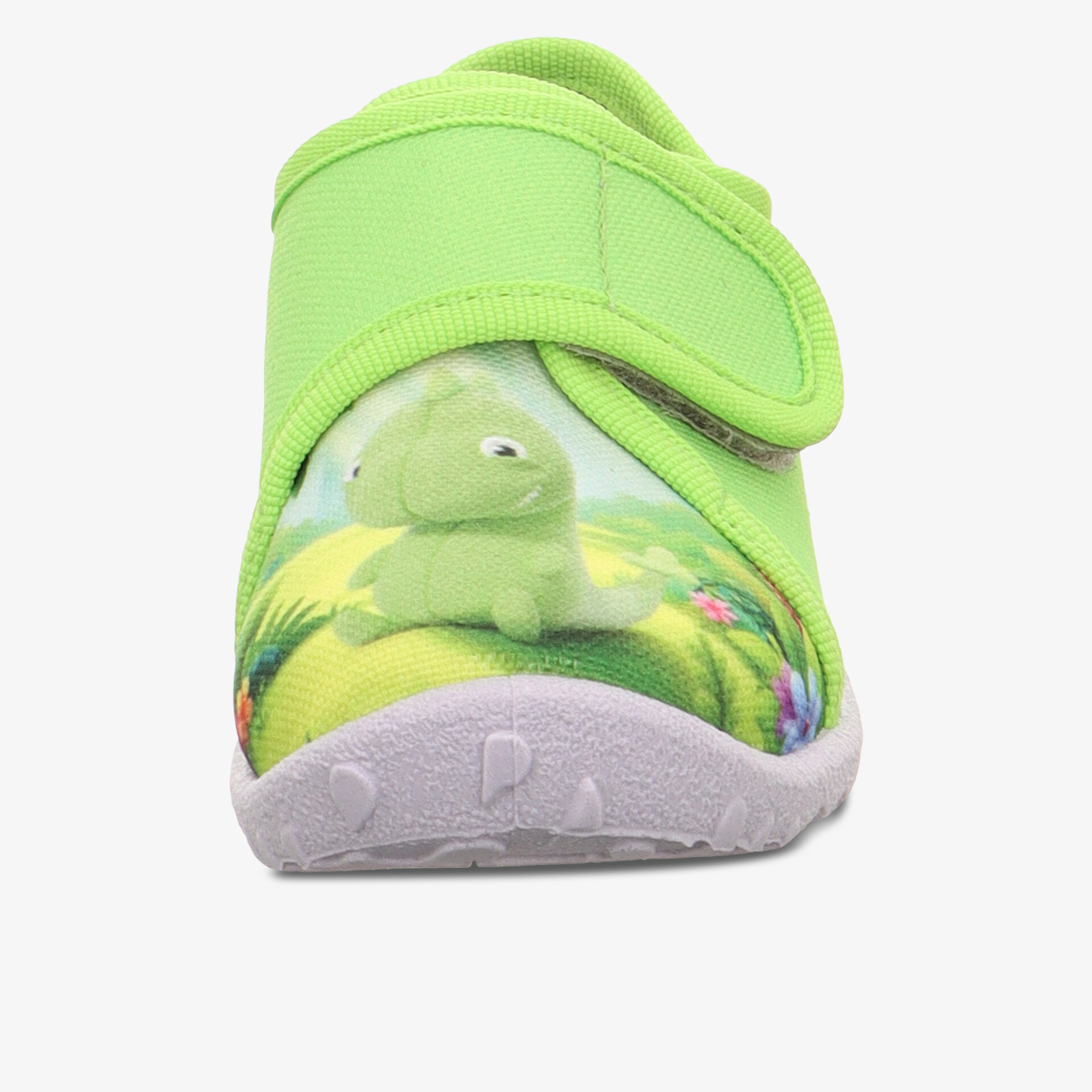 Bequemer grüner Hausschuh mit Klettverschluss und rutschfester Sohle, ideal für Kinder