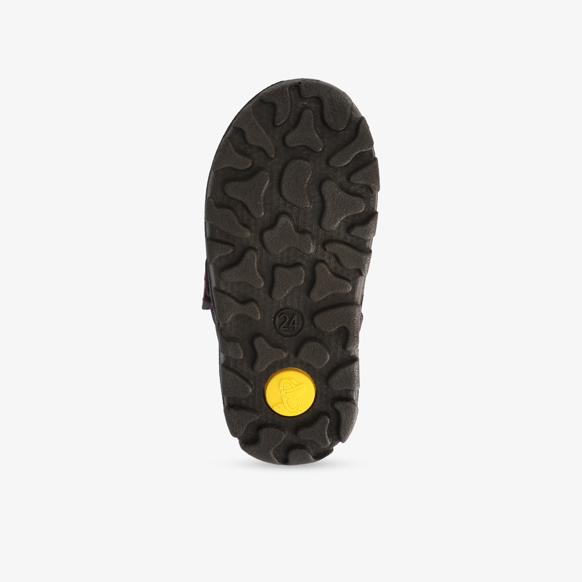 Robustes Sohlenprofil eines Wanderschuhs mit gelbem Detail für optimale Traktion im Gelände.