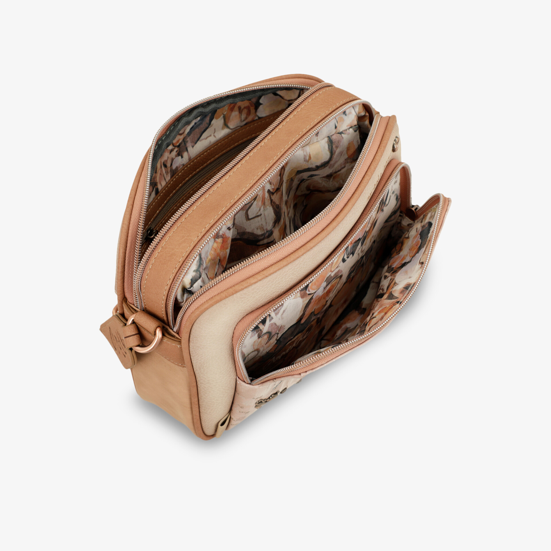 Kompakte Tasche mit mehreren Fächern und Reißverschlüssen, geordneter und praktischer Innenraum, leichter Begleiter