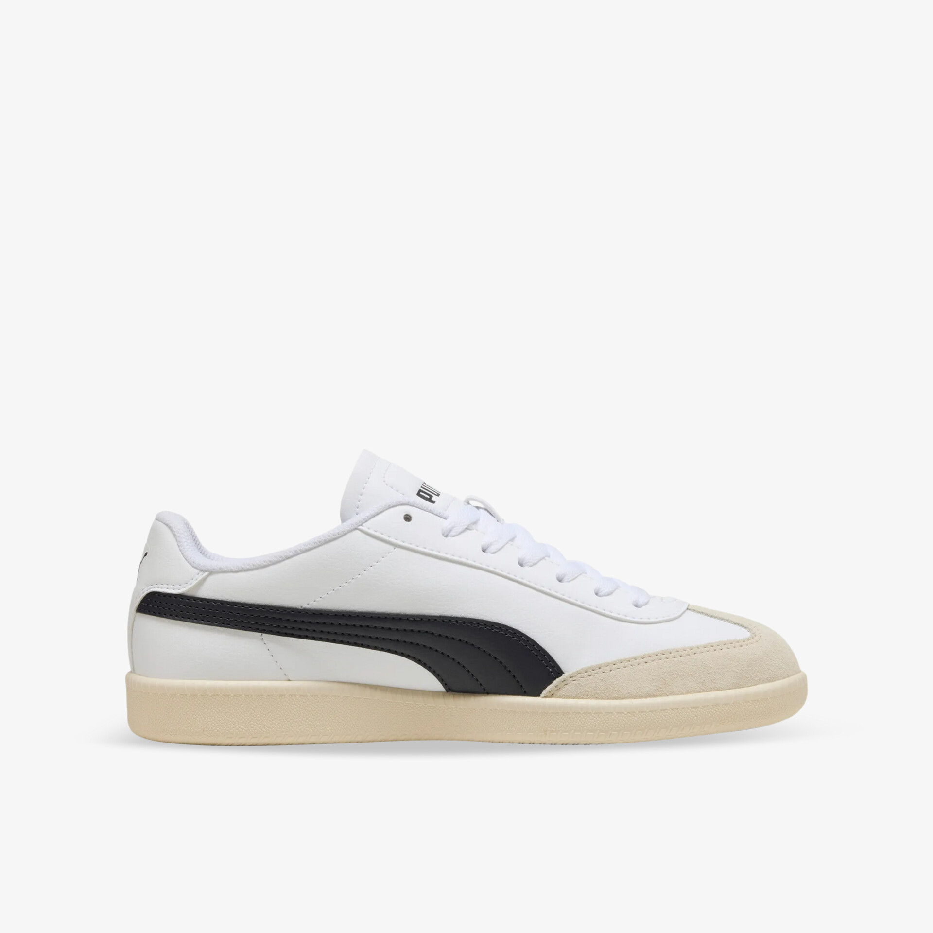 Sportlicher weißer Sneaker mit schwarzem Streifen und bequemer Sohle in klarer Seitenansicht