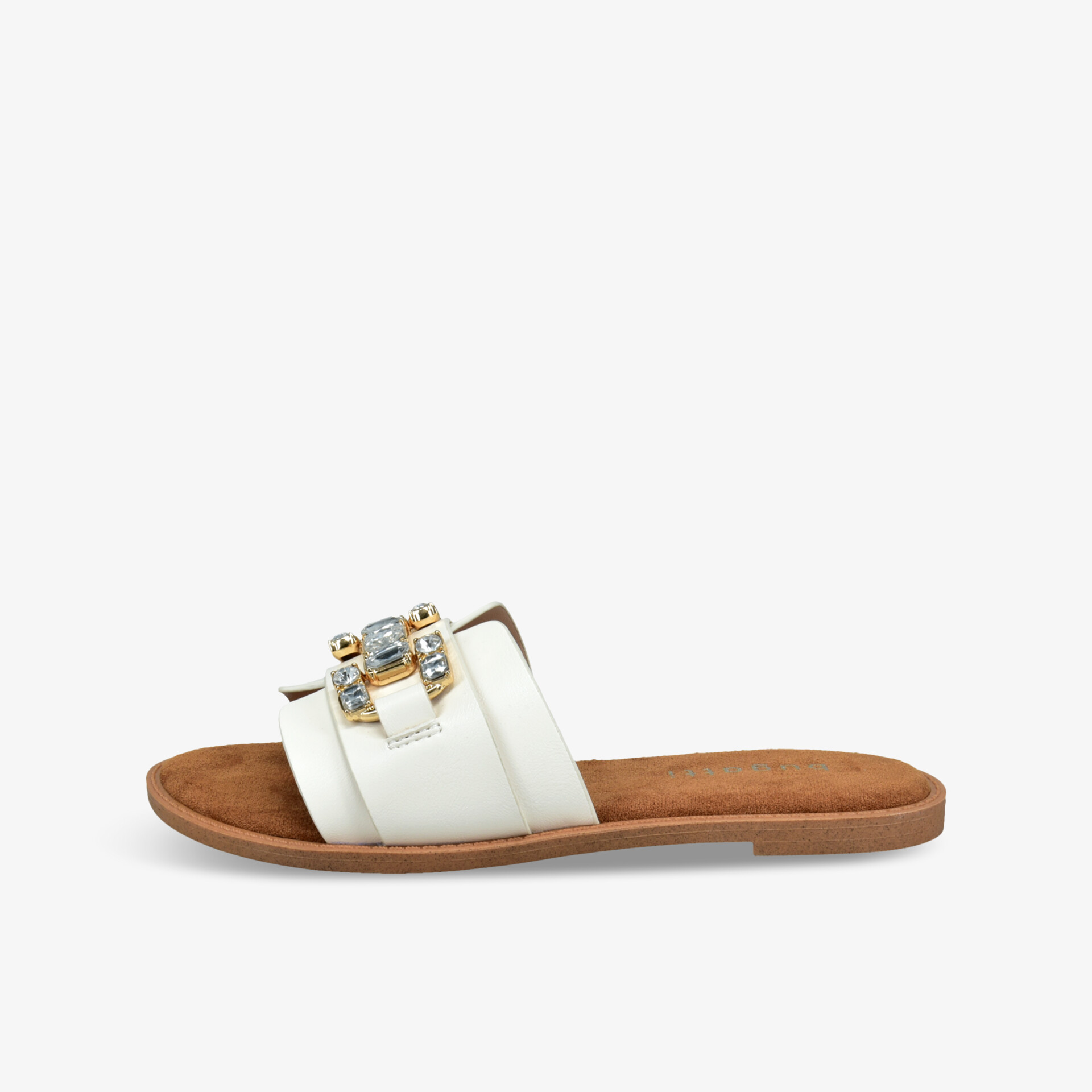 Eleganter weißer Slide mit dekorativer Verzierung, flache bequeme Sohle, ideal für sommerlichen Komfort und stilvolles Tragen