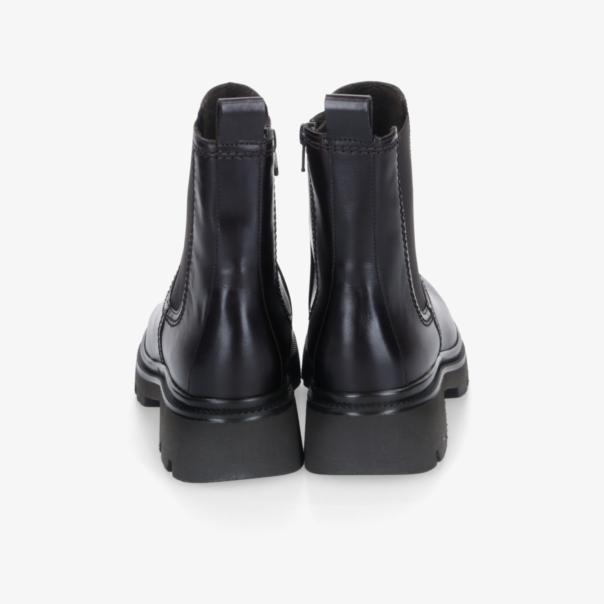 Schwarze Stiefel mit robustem Profil und praktischem Reißverschluss, Rückansicht hochwertiges, bequemes Schuhwerk
