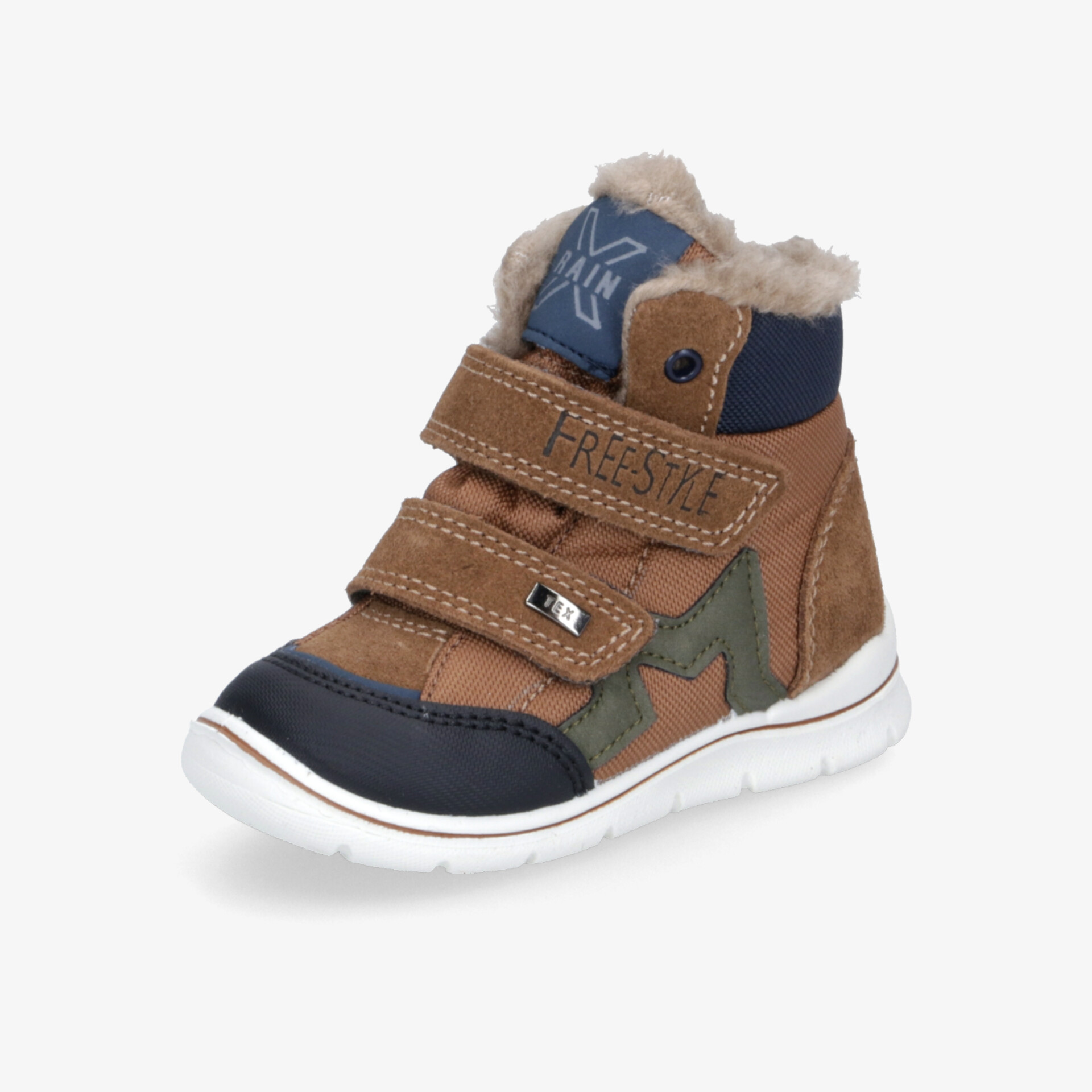 Warmer brauner und blauer Winterboot mit Klettverschluss und rutschfester Sohle, komfortabel und robust