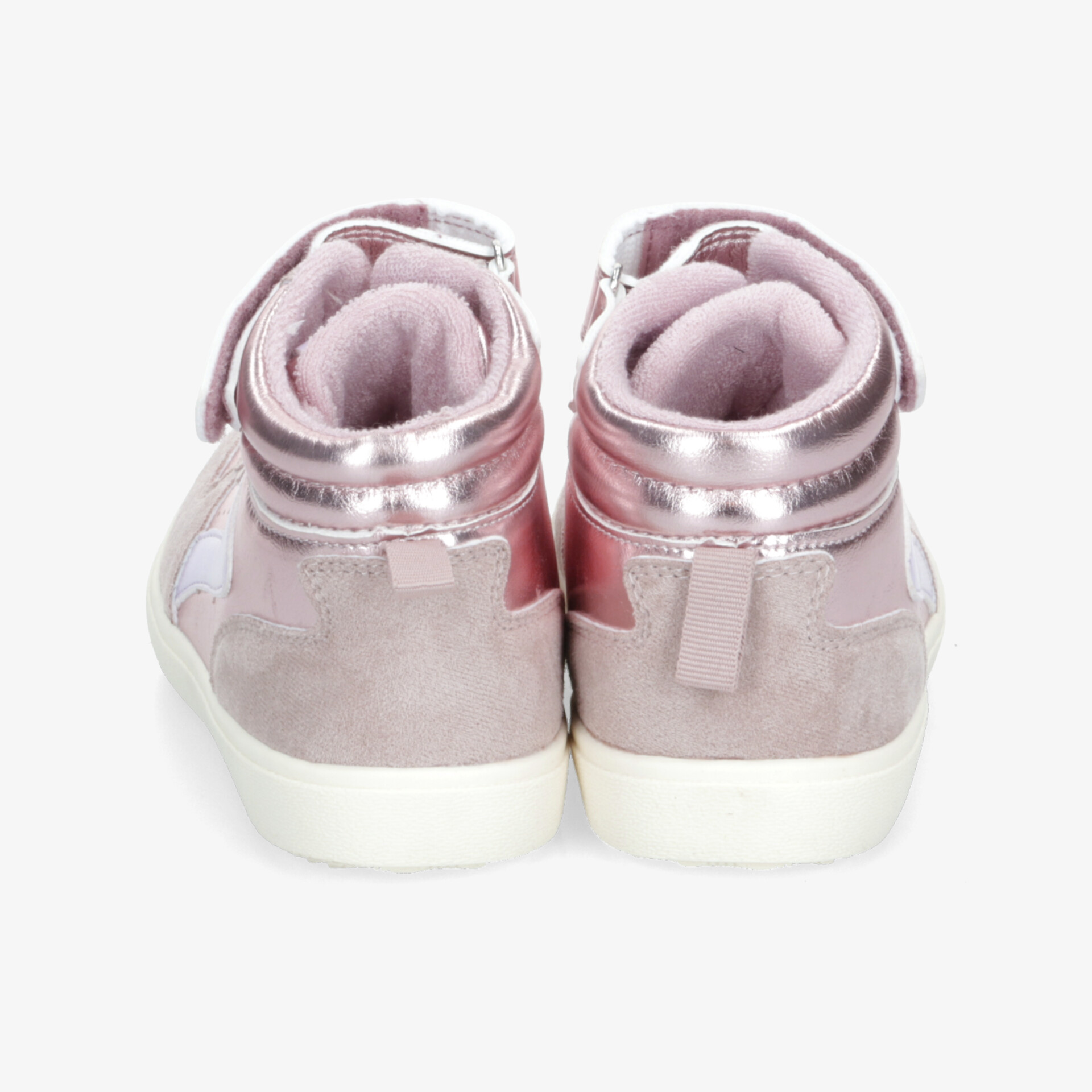 Rosa Schuhe mit hohem Schaft und Klettverschluss, gepolstert und bequem, modernes Design, weiße Sohle