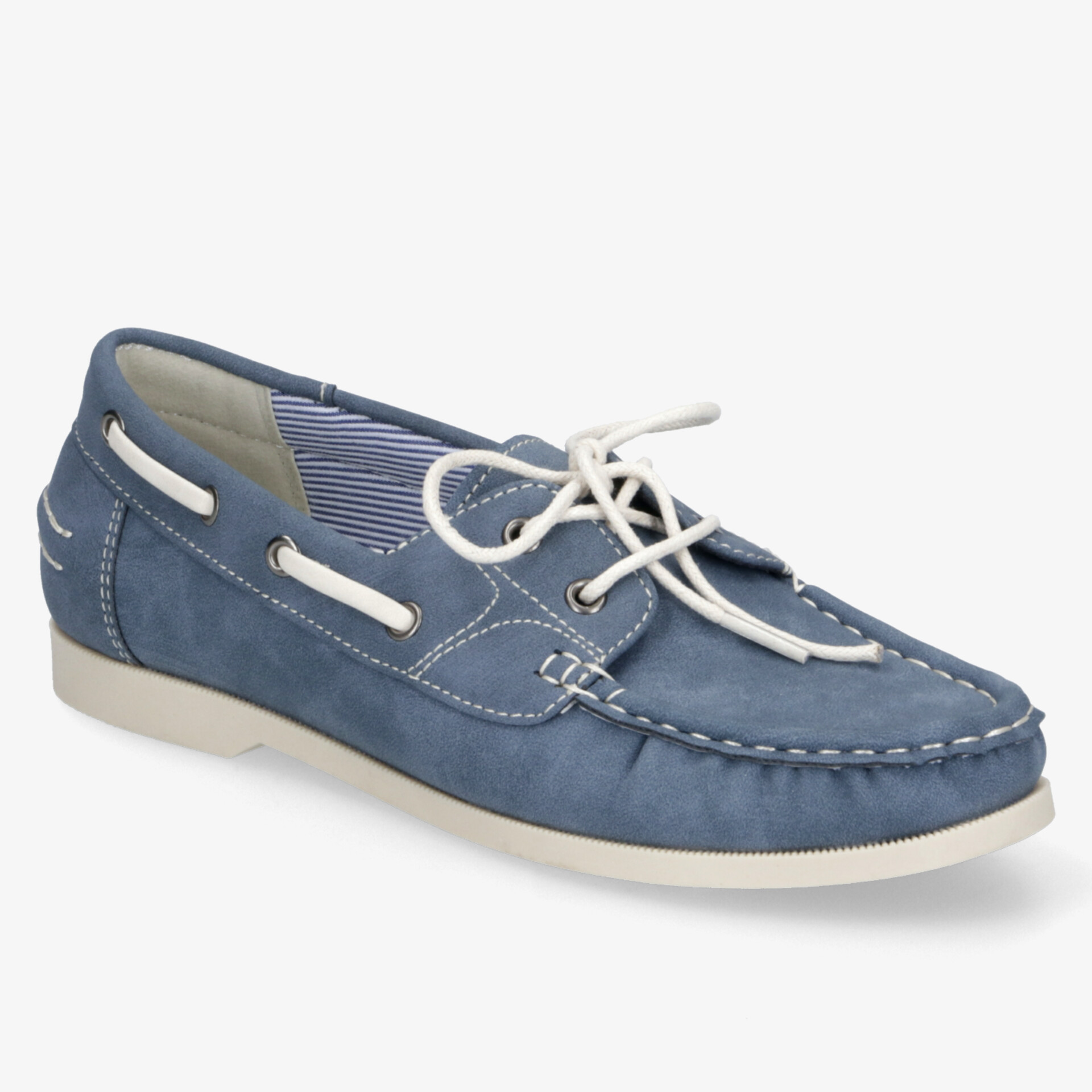 Blaue Leder-Bootsschuhe mit weißer Sohle und Schnürung, ideal für Freizeit und stilvolle Lässigkeit.