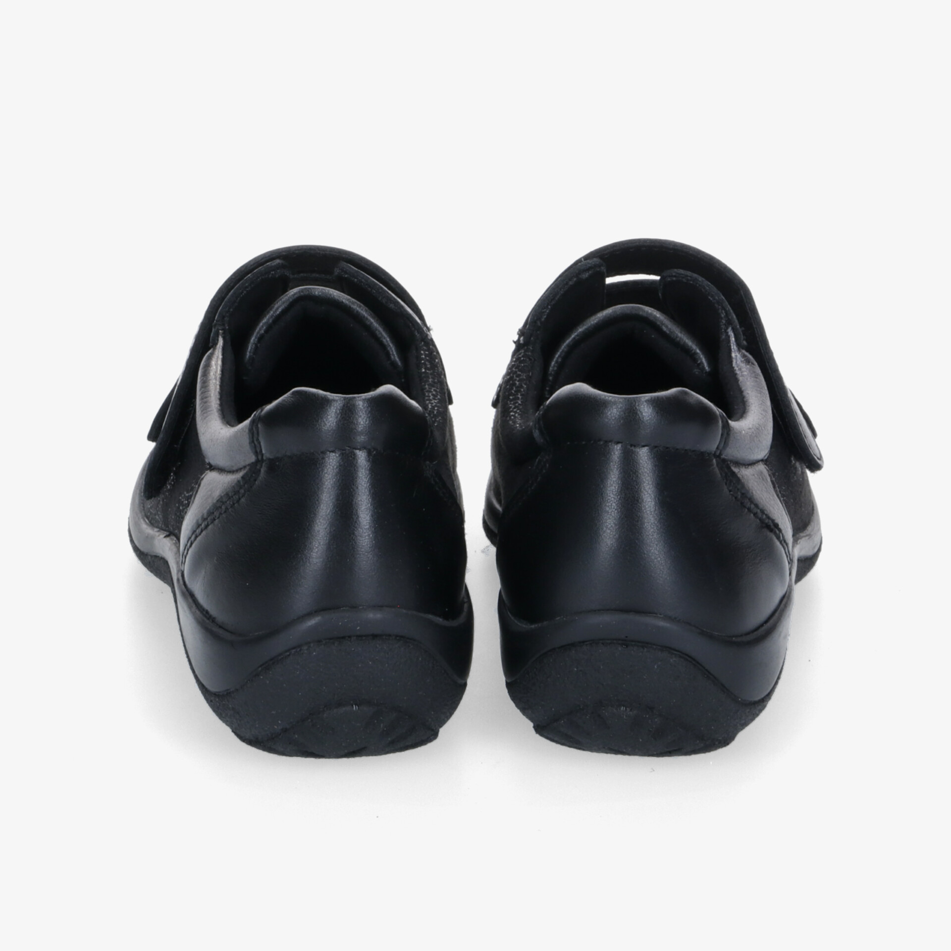 Schwarze Halbschuhe mit Klettverschluss und robuster Sohle, Rückansicht