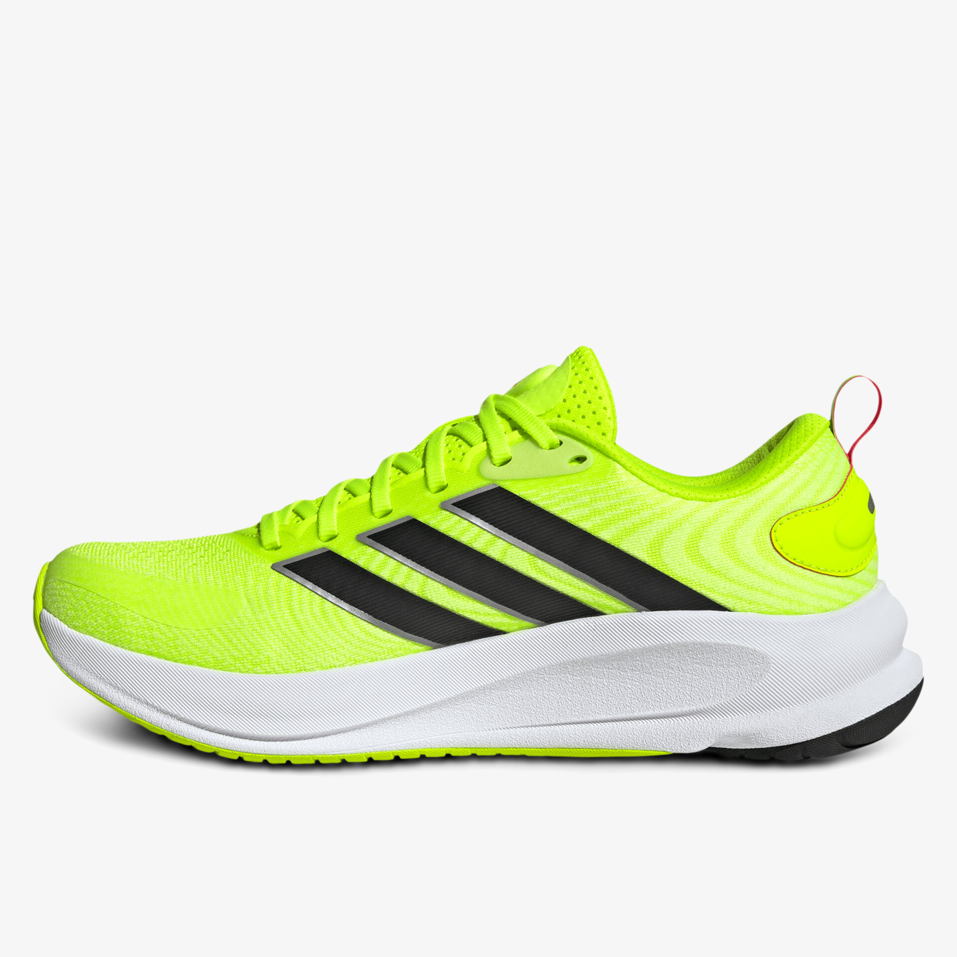 Leuchtend gelber Sportschuh mit leichter, atmungsaktiver Textilstruktur und rutschfester Sohle seitliche Ansicht