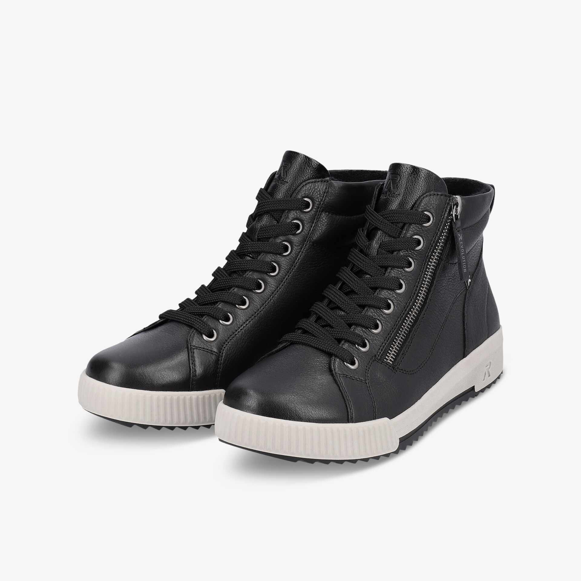 Schwarze hohe Sneaker mit Schnürsenkeln und seitlichem Reißverschluss, rutschfeste weiße Sohle, stylisches Design