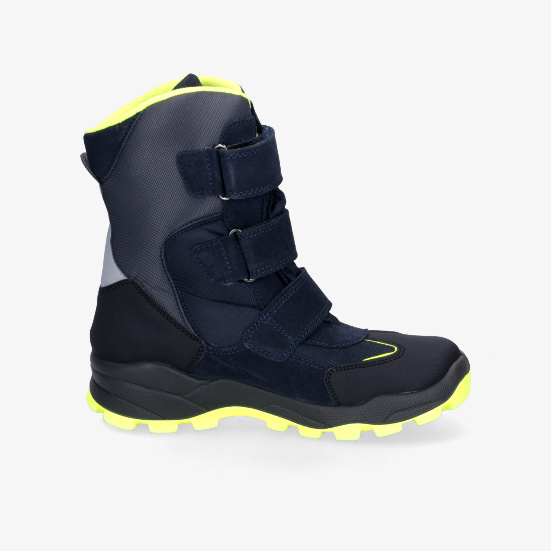 Wasserdichter Outdoor-Winterstiefel in Schwarz mit Gelben Akzenten, rutschfeste Profilsohle und Klettverschluss