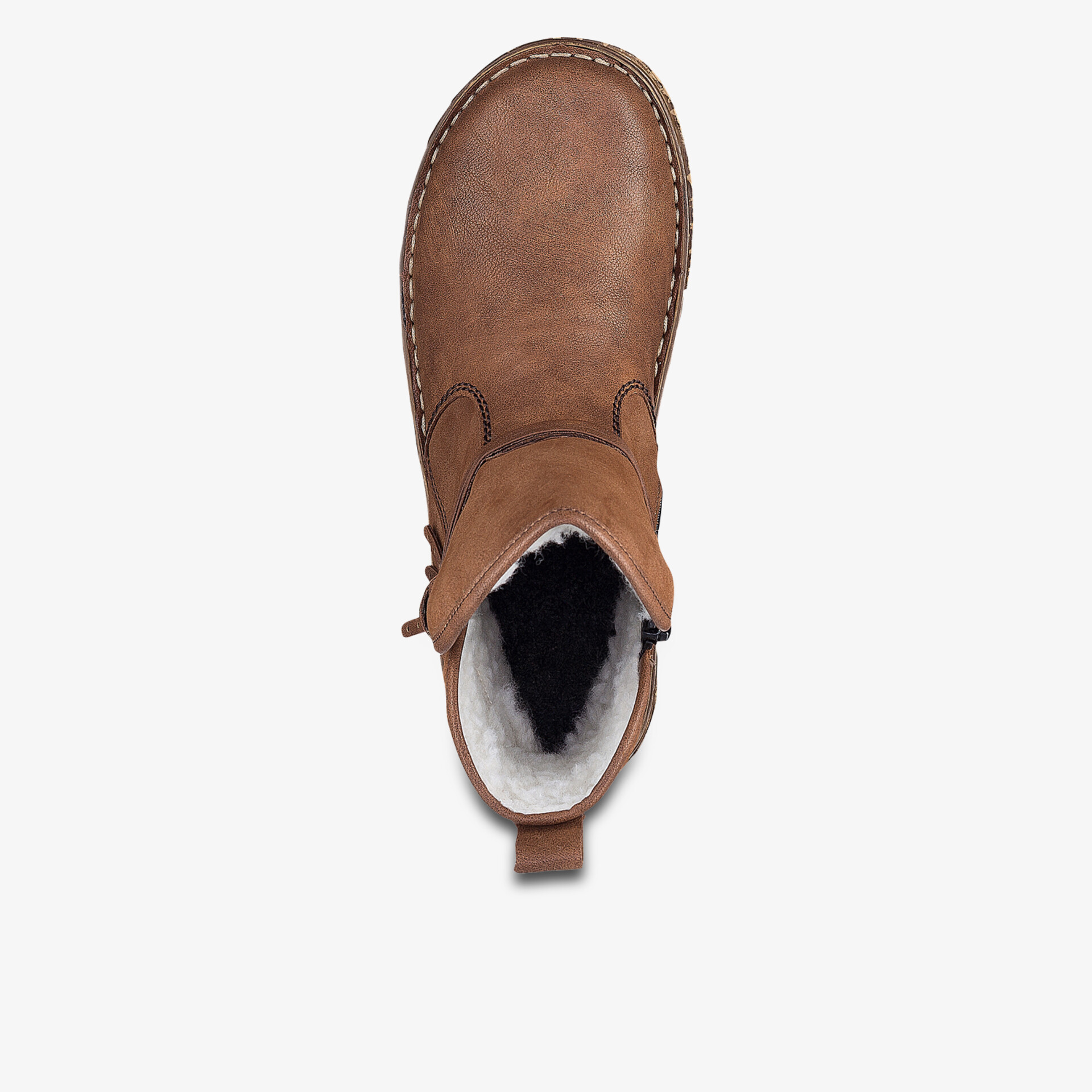 Brauner Lederstiefel mit warmem Innenfutter, bequemer Passform und rutschfester Sohle in Draufsicht