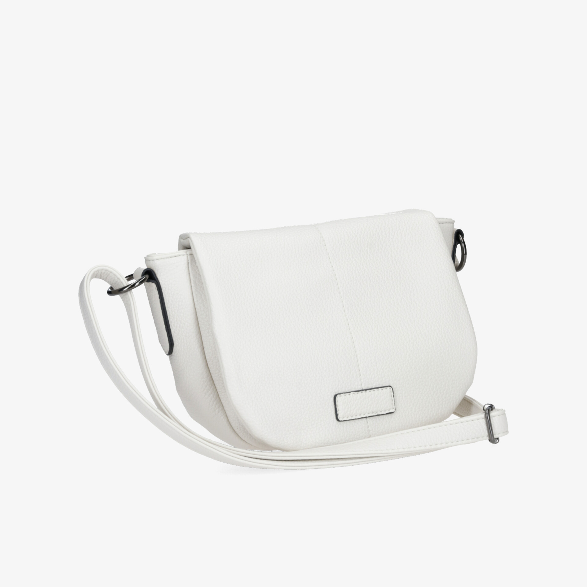 Weiße Schultertasche mit abgerundeter Form und verstellbarem Riemen in schräger Vorderansicht