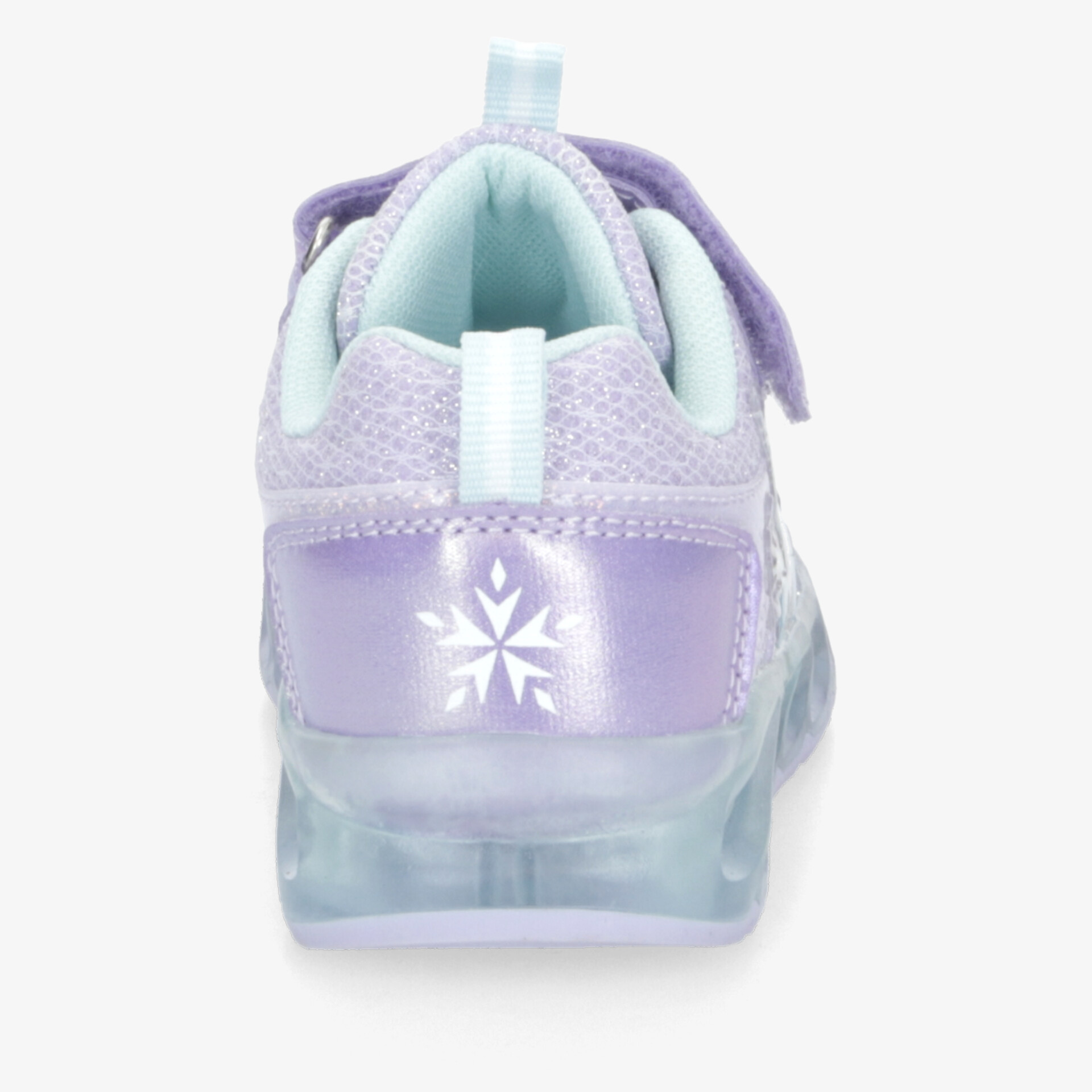 Sportlicher Kinderschuh in Lila mit mintfarbenem Innenfutter, gepolstert und rutschfester Sohle, Rückansicht