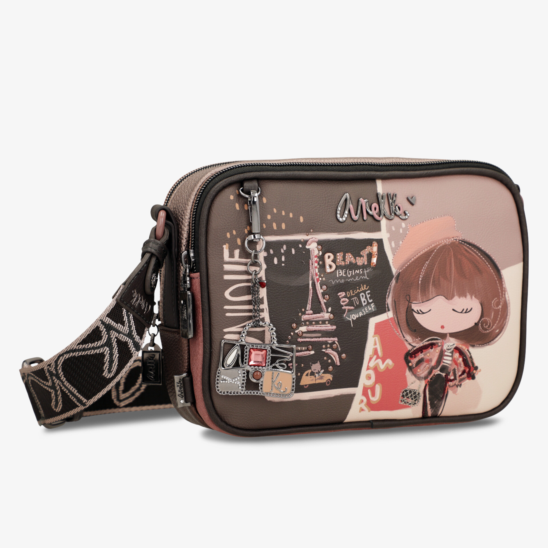 Kleine Umhängetasche mit verstellbarem Gurt und attraktivem, buntem Motiv für den Alltag