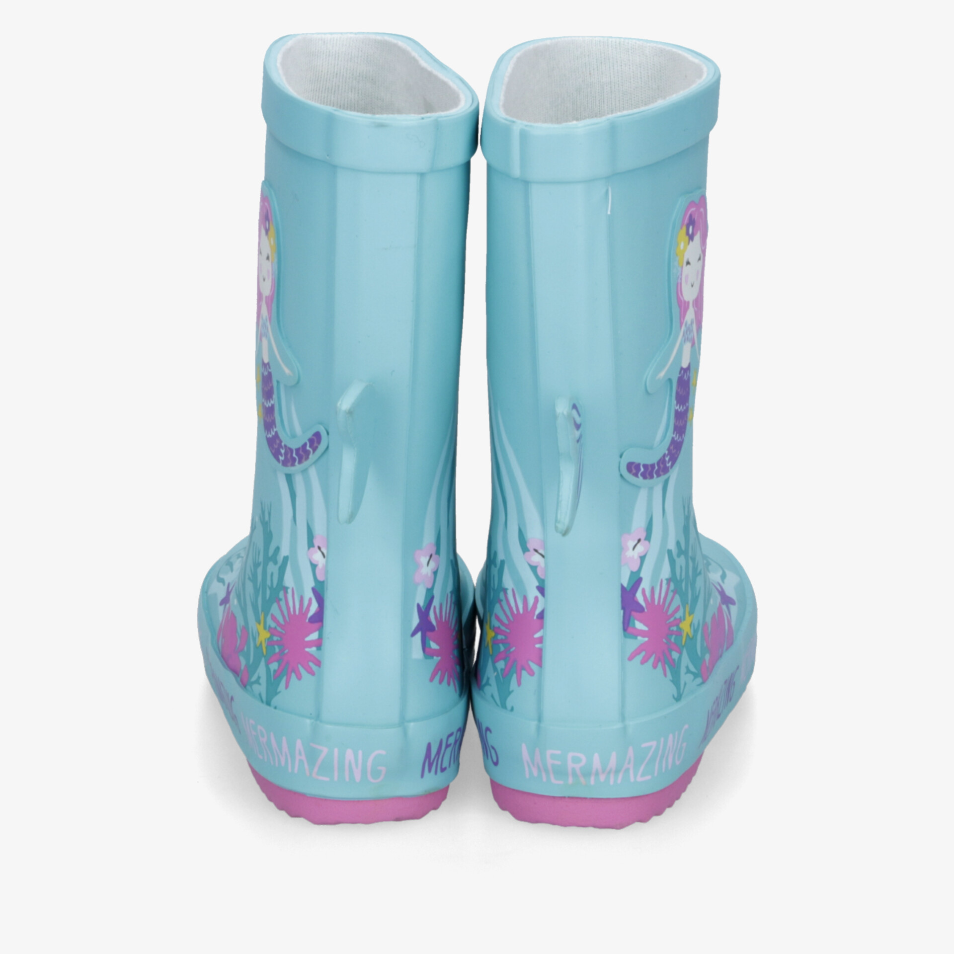 Leuchtend hellblaue Kinder Regenstiefel mit Meerjungfrau-Motiv, rutschfest und komfortabel, Rückansicht sichtbar