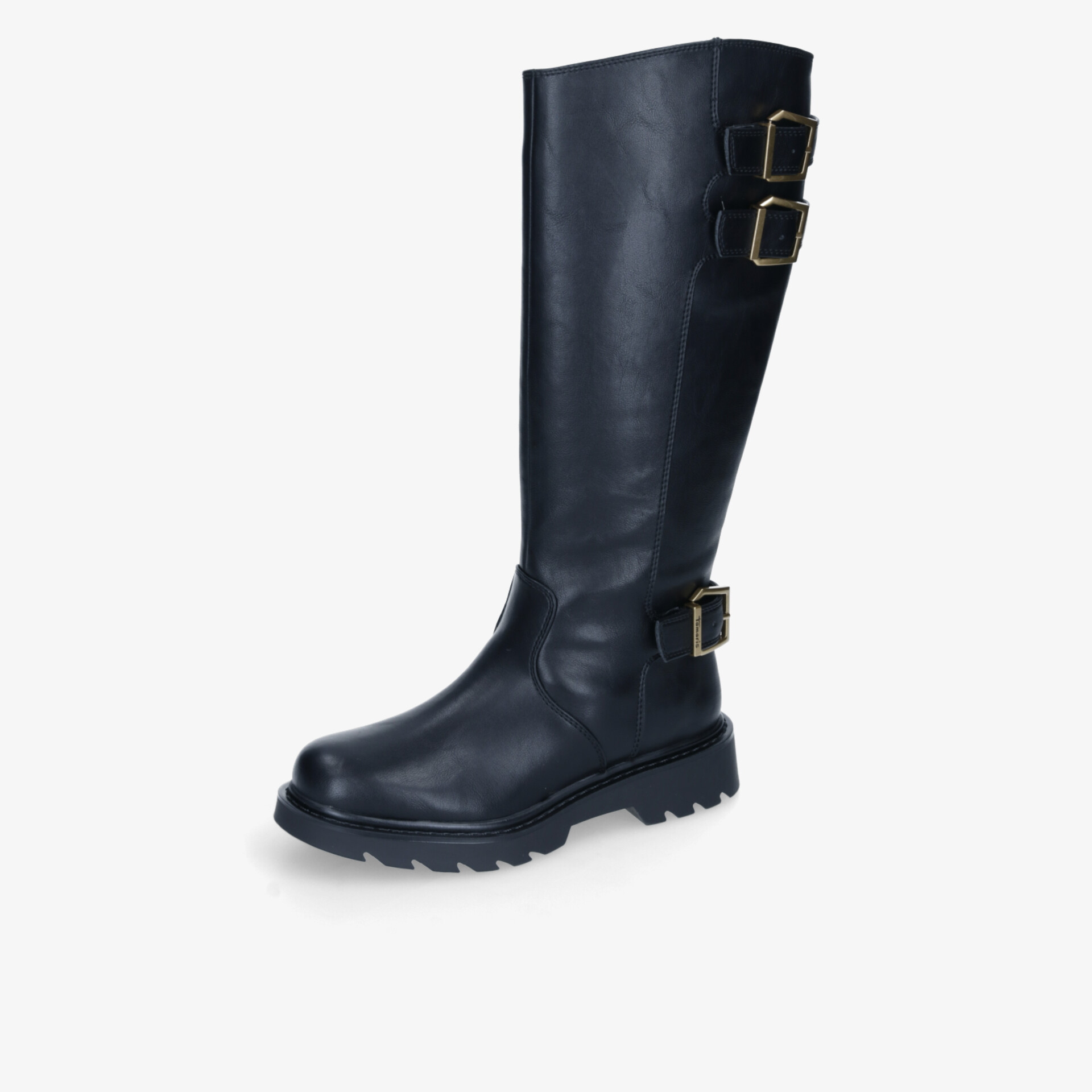 Schwarzer Stiefel mit robusten Sohlen und modischen Schnallen, hochwertige Verarbeitung und komfortable Passform seitliche Ansicht