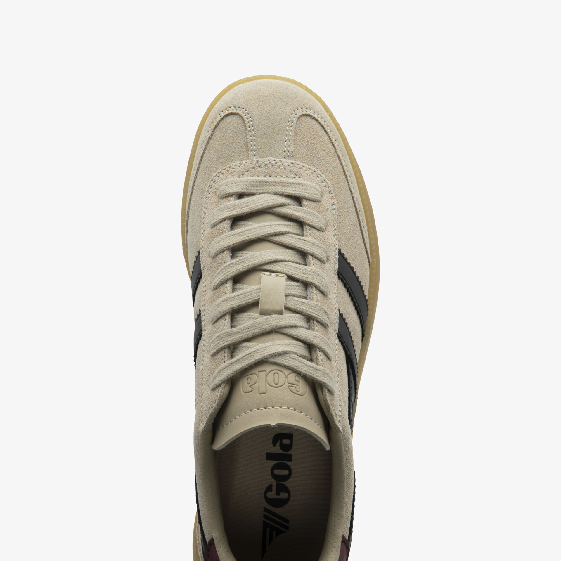 Obere Ansicht eines robusten, bequemen Schuhs mit praktischer Schnürung und modischem Design