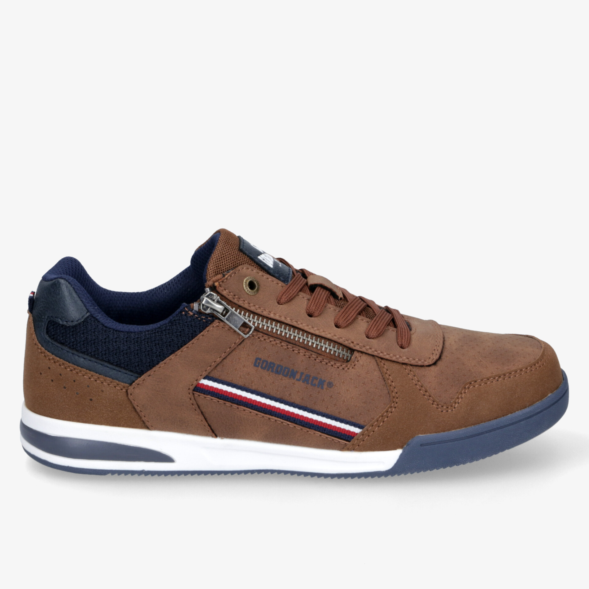 Braune Sneakers mit Zipper-Design und blau-weißer Sohle für stilvollen, lässigen Look.