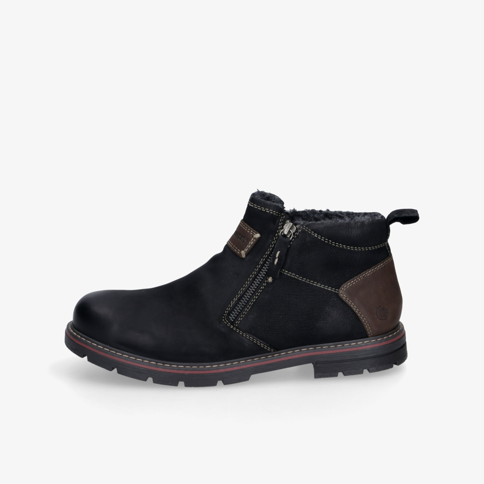 Robuster schwarzer Stiefel mit hochwertigem Leder, warmer Innenfütterung und rutschfester Sohle seitliche Ansicht