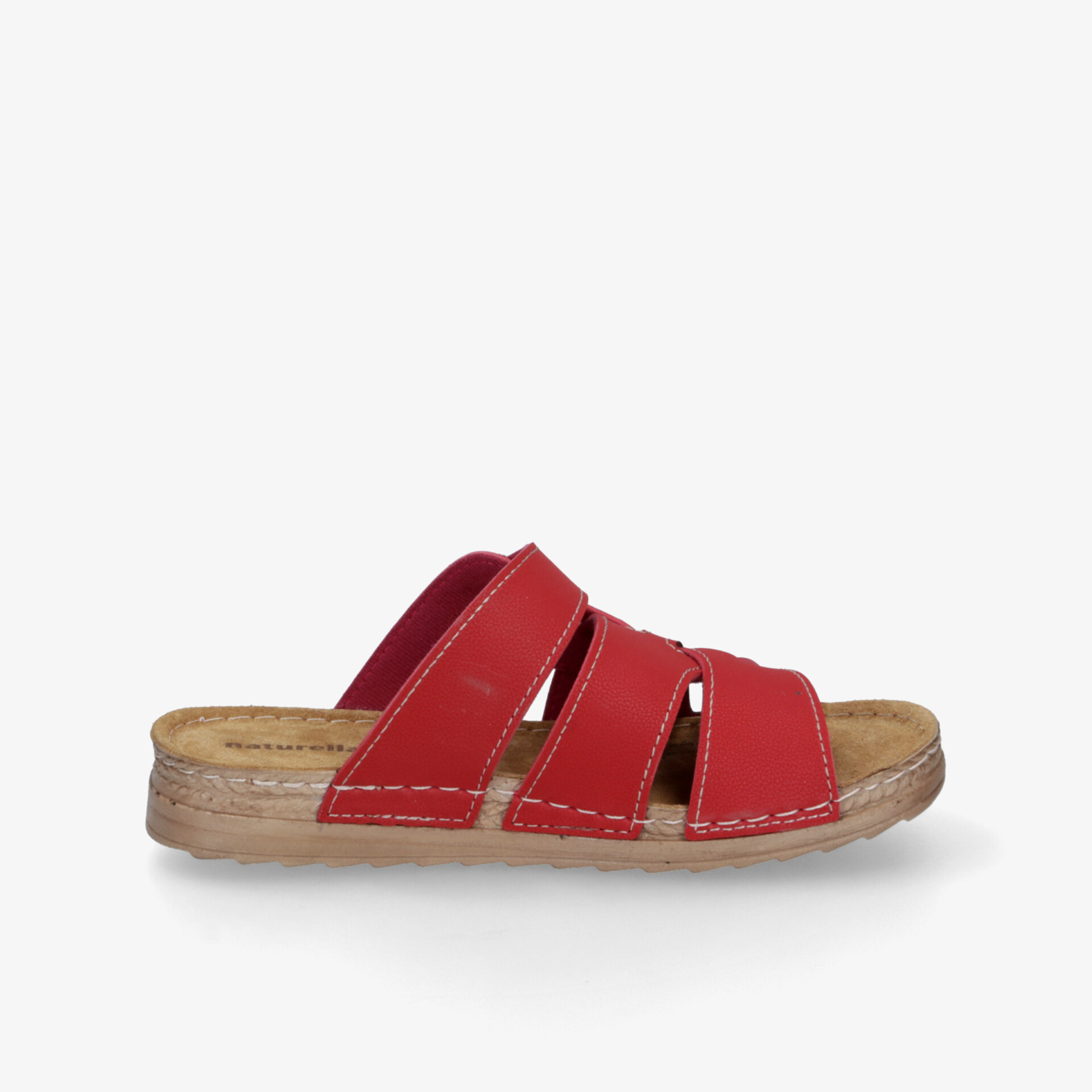 Rote Sandale in seitlicher Ansicht mit weichem Fußbett und bequemer, flexibler Sohle, ideal für angenehmes Tragegefühl