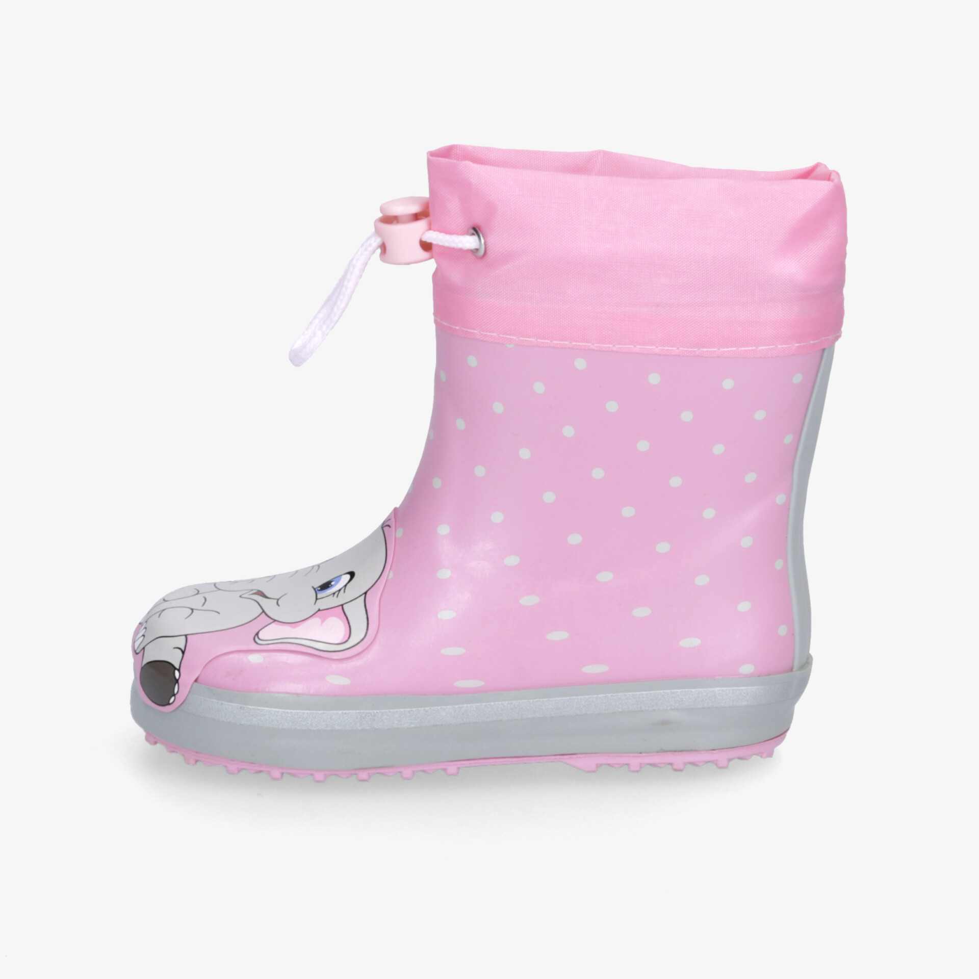 Pinkfarbener Kinder-Gummistiefel mit niedlichem Tiermotiv und Punkten, perfekt für Spiel und Spaß im Regen.