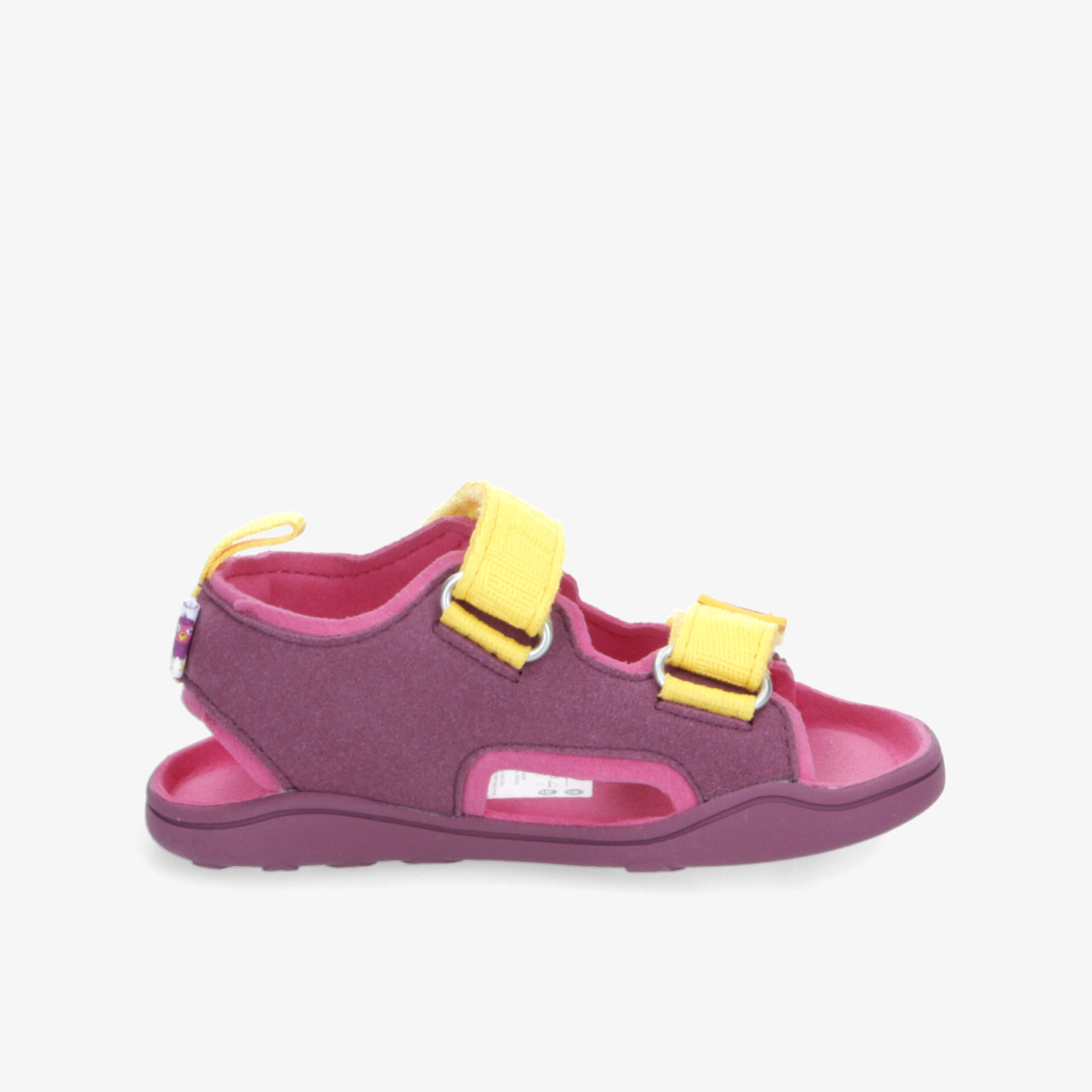 Lila und gelbe Sandale mit Klettverschluss, sportliches und bequemes Design, ideal für Alltag und Freizeit.