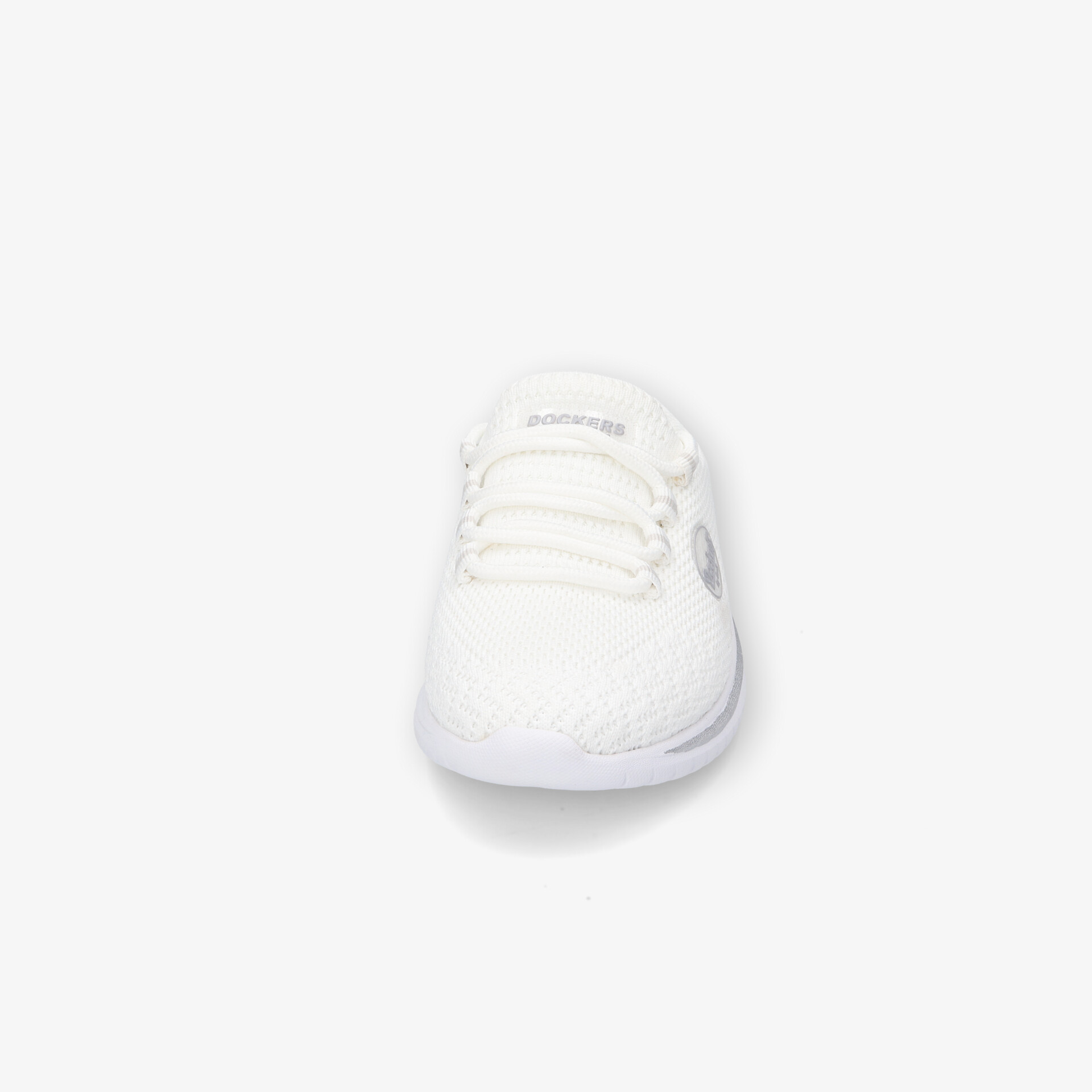 Moderner weißer Schuh in Frontansicht, leicht und komfortabel mit atmungsaktivem Material und flexibler Schnürung